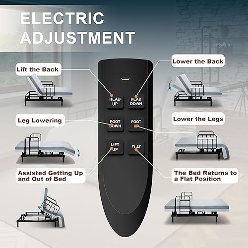 Miniatura 7 de Base de cama ajustable con colchón para personas mayores, cama elevadora eléctrica con control remoto con cable, inclinación de cabeza y pie, rieles