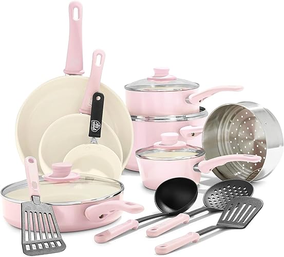 GreenLife Pink 16 Piece Nonstick Cookware Set, Soft Grip Non-Toxic PFAS-Free Ceramic Pots & Pans, Dishwasher & Oven Safe, Frying, Sauce, Saute, Utensils, Glass Lids, Stay-Cool Handles, Wobble Free - 16 Piece Cookware Set - Soft Pink