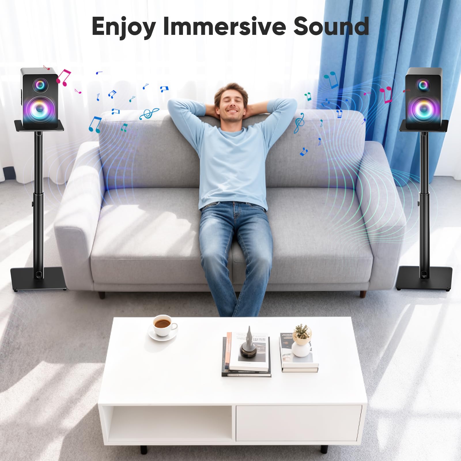 Soportes para Altavoces, Juego de 2 Soportes universales de Suelo para Altavoces de Sonido Envolvente, Altura Ajustable, Capacidad de 15 kg Cada uno, gestión de Cables, fácil Montaje, Antideslizantes