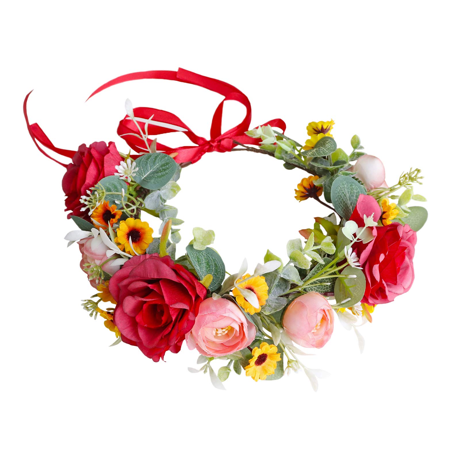 Brikuinr Floral Crown Wreath Flower Wreath Headband Hair Wreath Flower Halo Headpiece Boho with Ribbon Wedding Party Festival — image 1