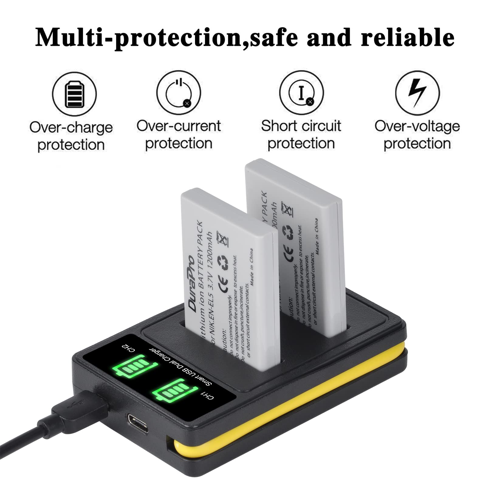 2X en-EL5 Battery Batterie + LED Dual Built-in USB Charger with Type C Port Compatible avec Nikon Coolpix P90 P80 P100 P500 P510 P520 P530 P5000 P5100 P6000 5900 7900 Coolpix S10 Caméra