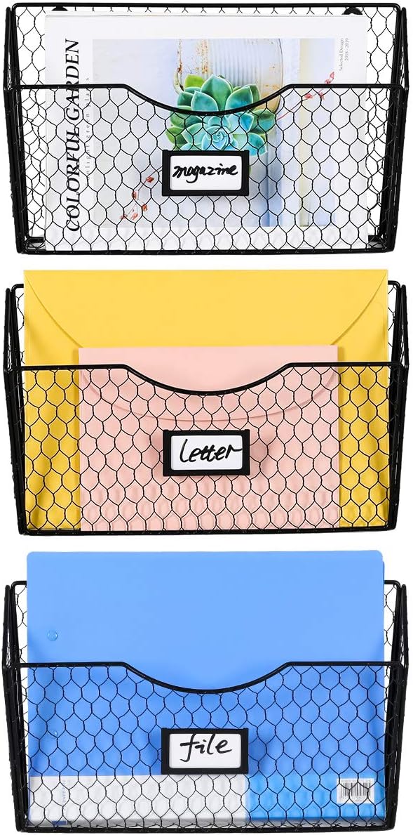 PAG 3 Pockets Mesh Metal Hanging File Holder Wall Mount Mail Organizer Magazine Rack with Tag Slot For Office Home School, Black