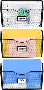 PAG 3 Pockets Hanging File Holder Wall Mount Mail Organizer Metal Chicken Wire Magazine Rack with Tag Slot, Black