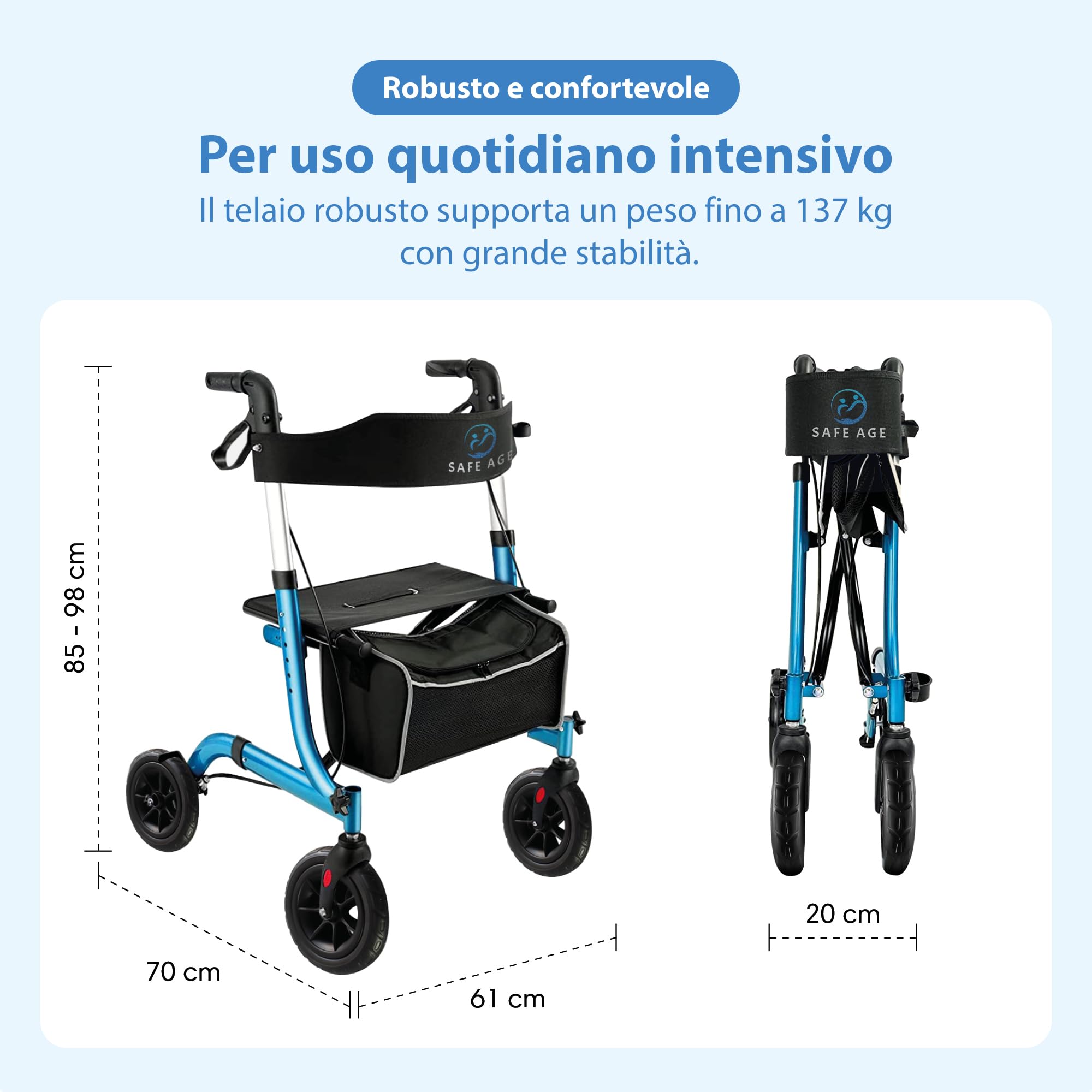 Safe Age Deambulatore con Seduta Ultraleggero - Girello Pieghevole per Anziani per Uso Interno ed Esterno con 4 Ruote, Schienale e Porta Bastone