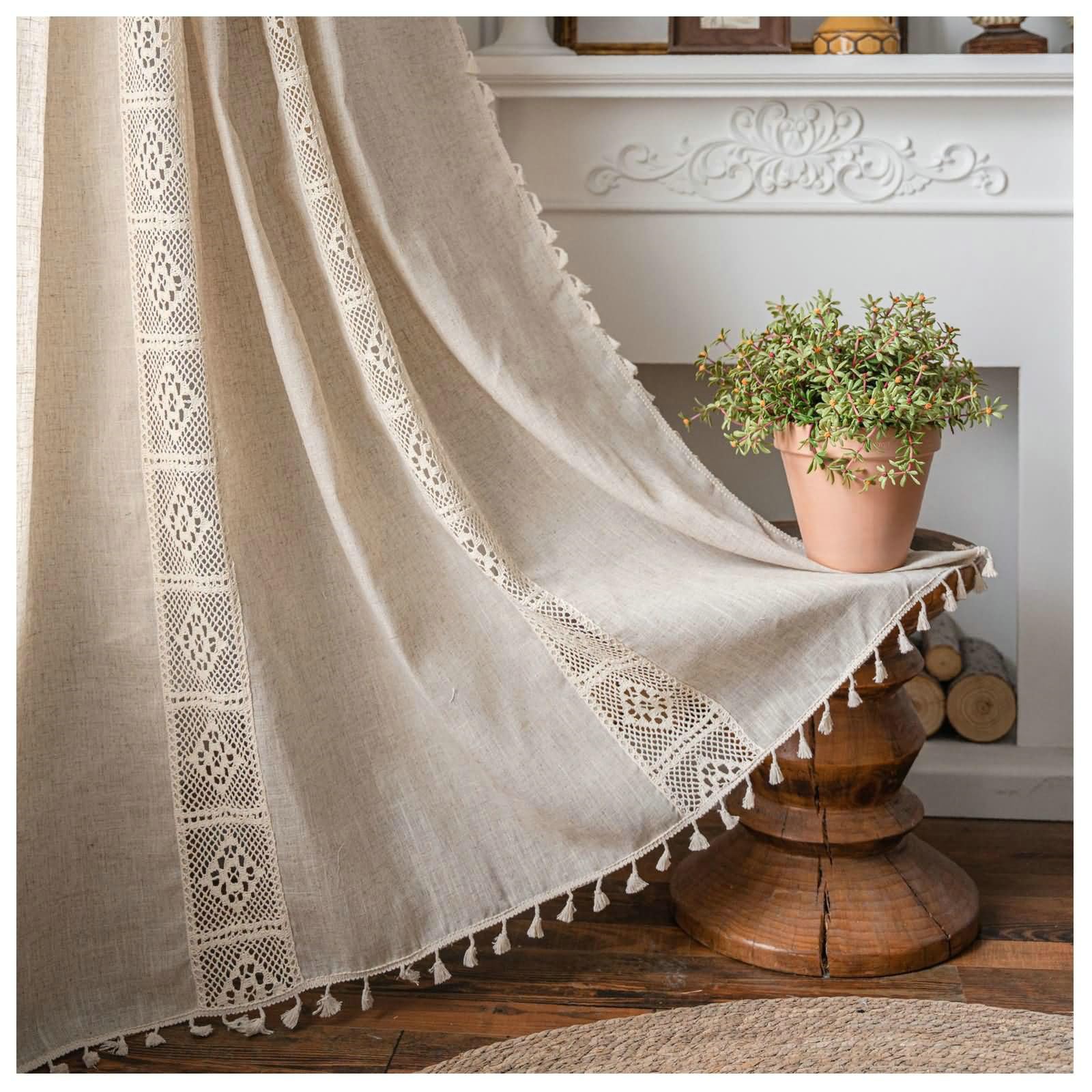 Gualiy Lot de 2 Rideaux avec Oeillets, Rideau de Chambre Thermique Rideau Semi-Translucide Crochet Creux Modèle avec Glands Rideau pour Salon Chambre à Coucher 150x220cm, Beige