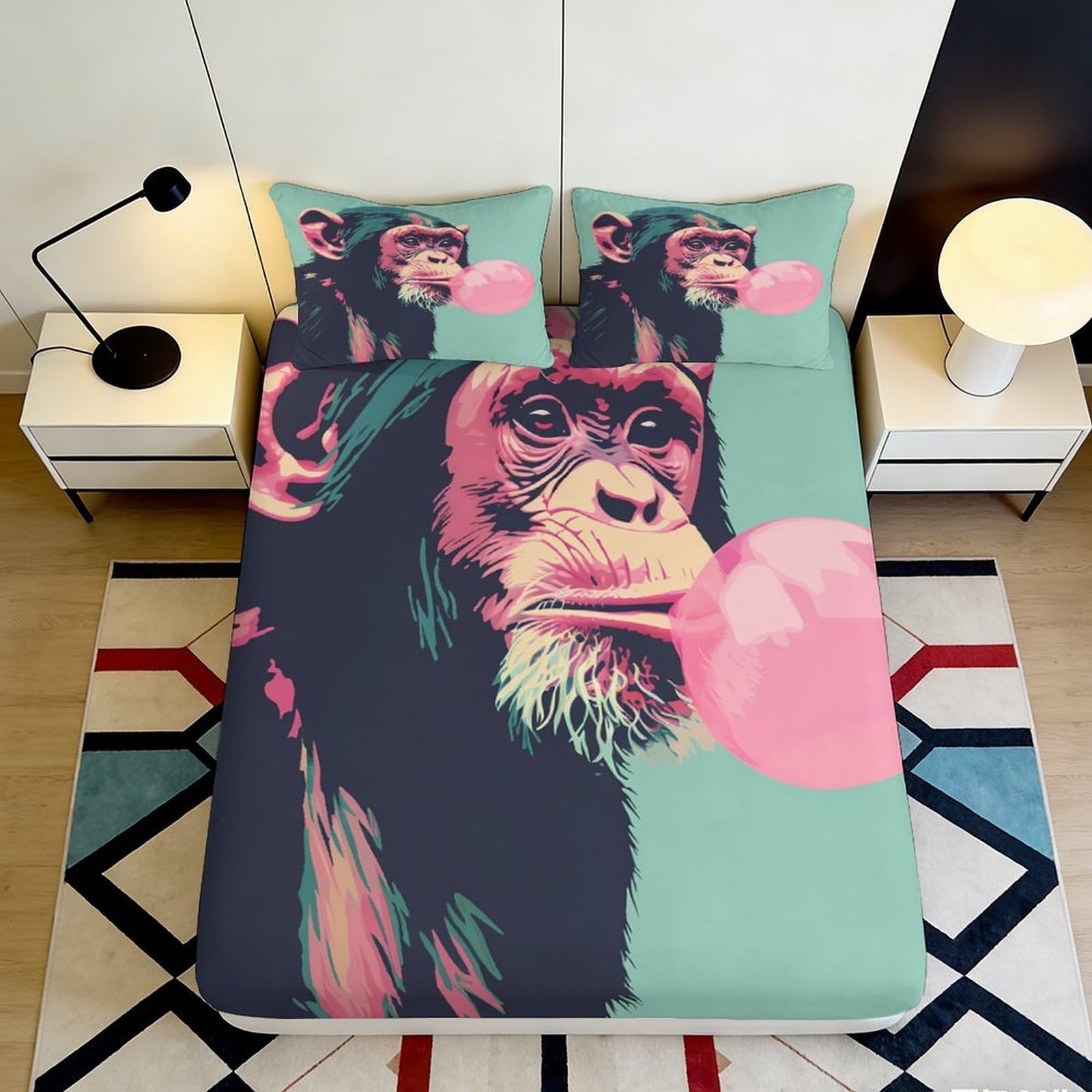 3D Printed Bubble Gum Monkey Fitted Sheet Microfiber Soft Anti-Slip Bed Cover for Bedroom Dorm House Decor 90x200x25cm