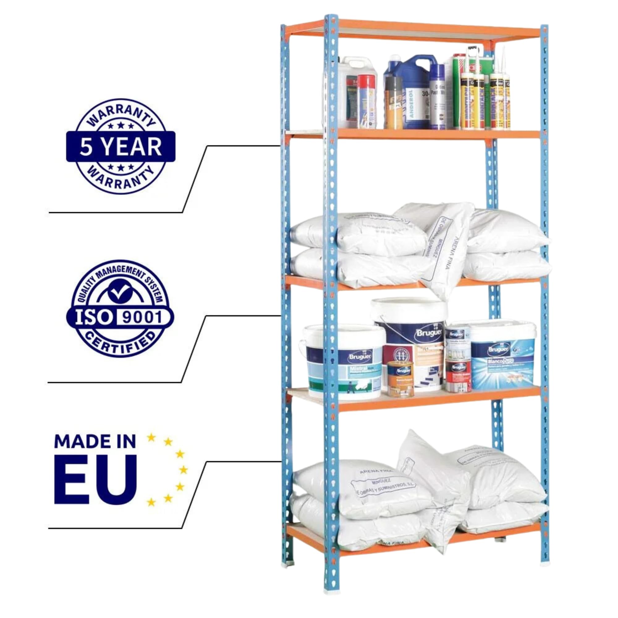 PROREGAL Schwerlastregal MULI | HxBxT 180x80x30cm | 5 Fachböden | Fachlast 150kg | Blau-Orange | Lagerregal Kellerregal Werkstattregal Metallregal Fachbodenregal Steckregal