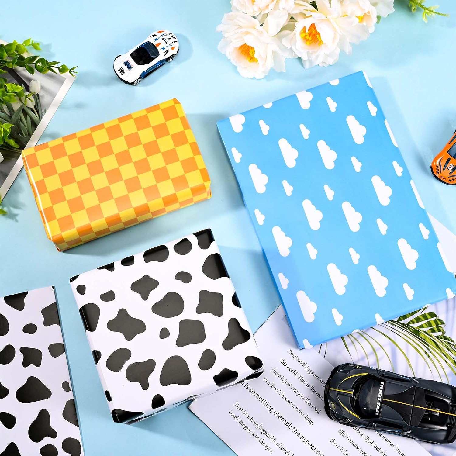 Sanixin 12 Sheets Cartoon Story Wrapping Paper Blue Sky Clouds Yellow Checkered Cow Pattern Gift Wrap Paper for Birthday Baby Shower Party Decor,20" x 28"