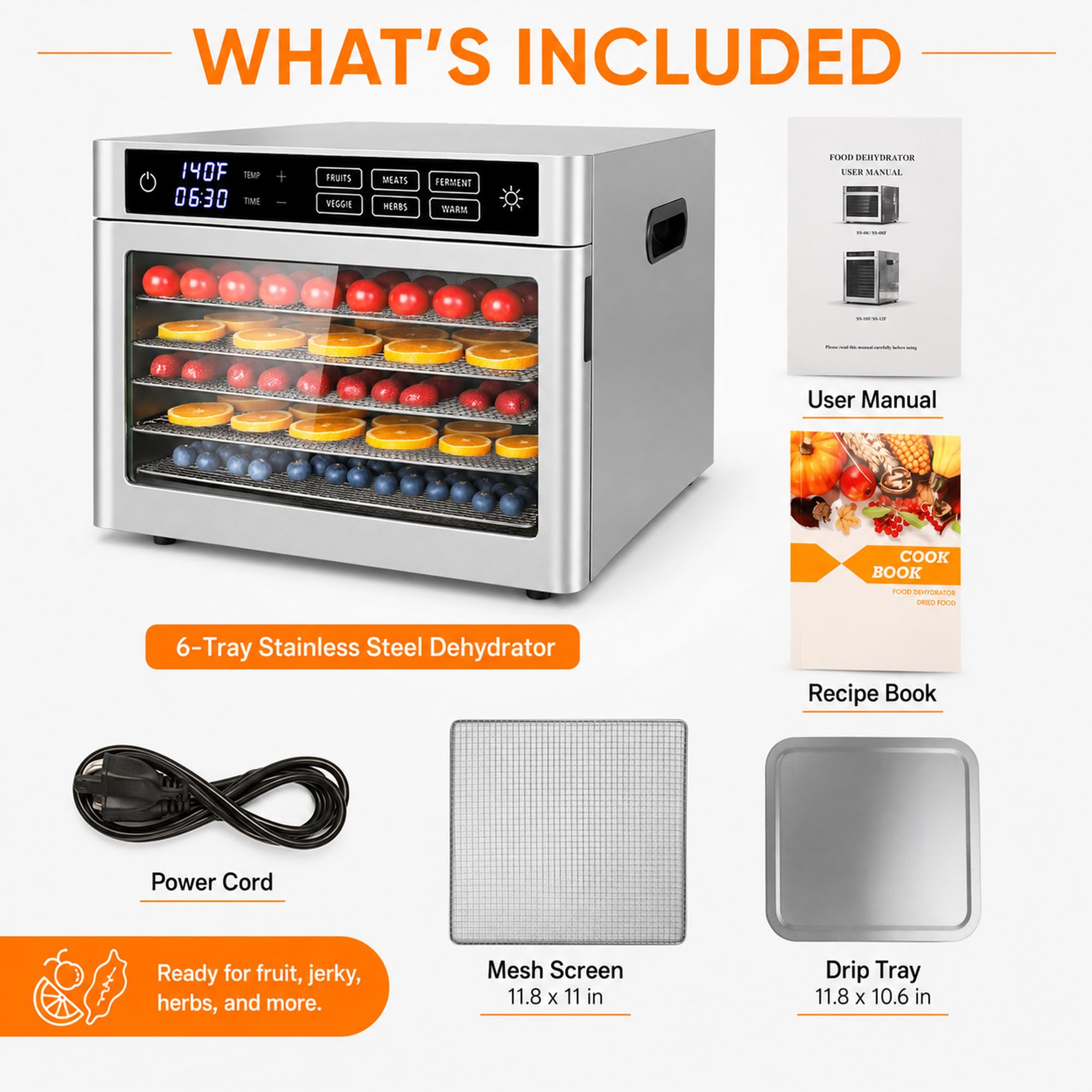Deshidratador de alimentos de acero inoxidable con puerta de vidrio, 6 bandejas (120 V, 500 W)