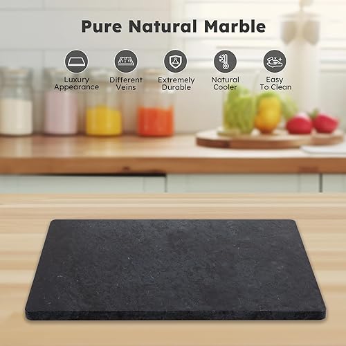 Miniatura 6 de Diflart Tabla de cortar de piedra de mármol natural para cocina, 16 x 20 pulgadas, color negro, tabla de repostería grande con pies antideslizantes