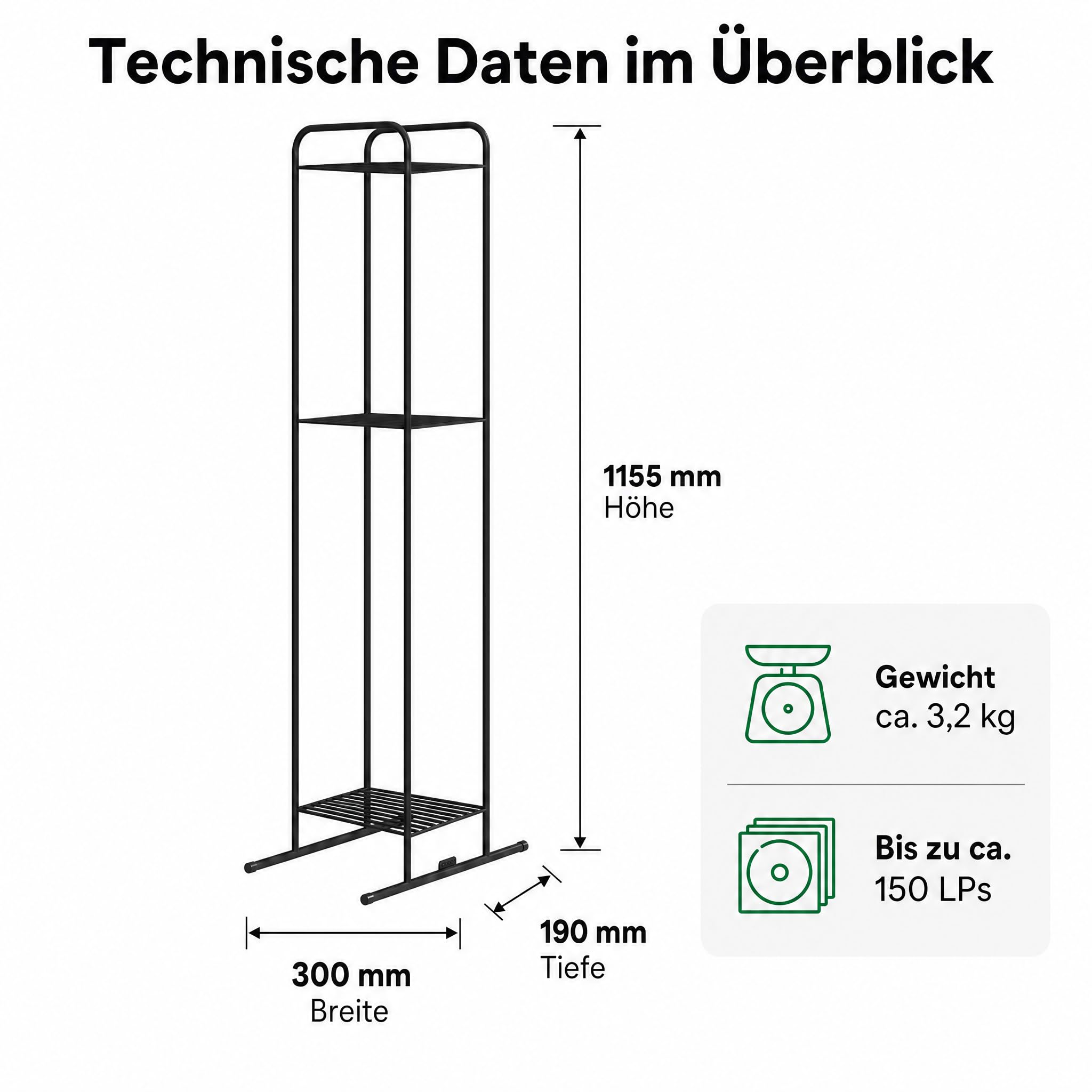 Zomo VS-Rack Vinya 150 Schallplattenständer – 300 x 190 x 1155 mm - Schwarz - 3 Ebenen Vinylregal aus Stahl – Design LP Standregal für bis zu 150 Schallplatten