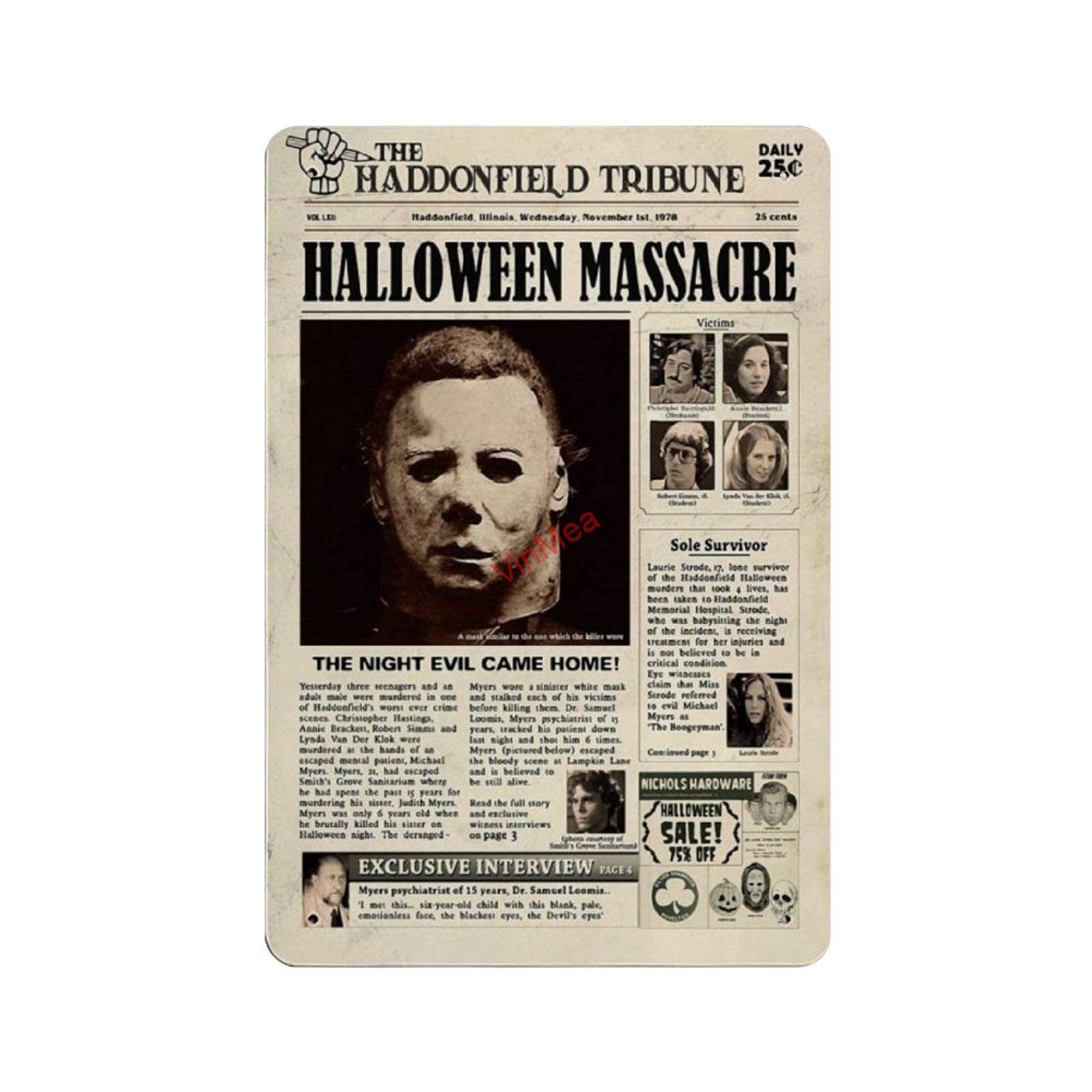 Ingzzaac Metalpostera93038 The Haddonfield Tribune Halloween Massacre Reproduction Metal Tin Sign Wall Decor For Cafe Bar Pub Home Vintage Metal Sign Poster 8X12 Inches