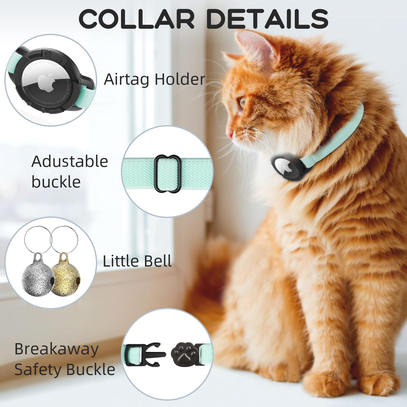 AirTag Katzenhalsband, sucegi dehnbares Kätzchenhalsband mit Apple-Airtag-Halterung und Glocke, Breakaway-Design, ultraelastisches GPS-Tracking, Katzenhalsbänder für Katzen und Welpen, (19,1 - 32,5 cm