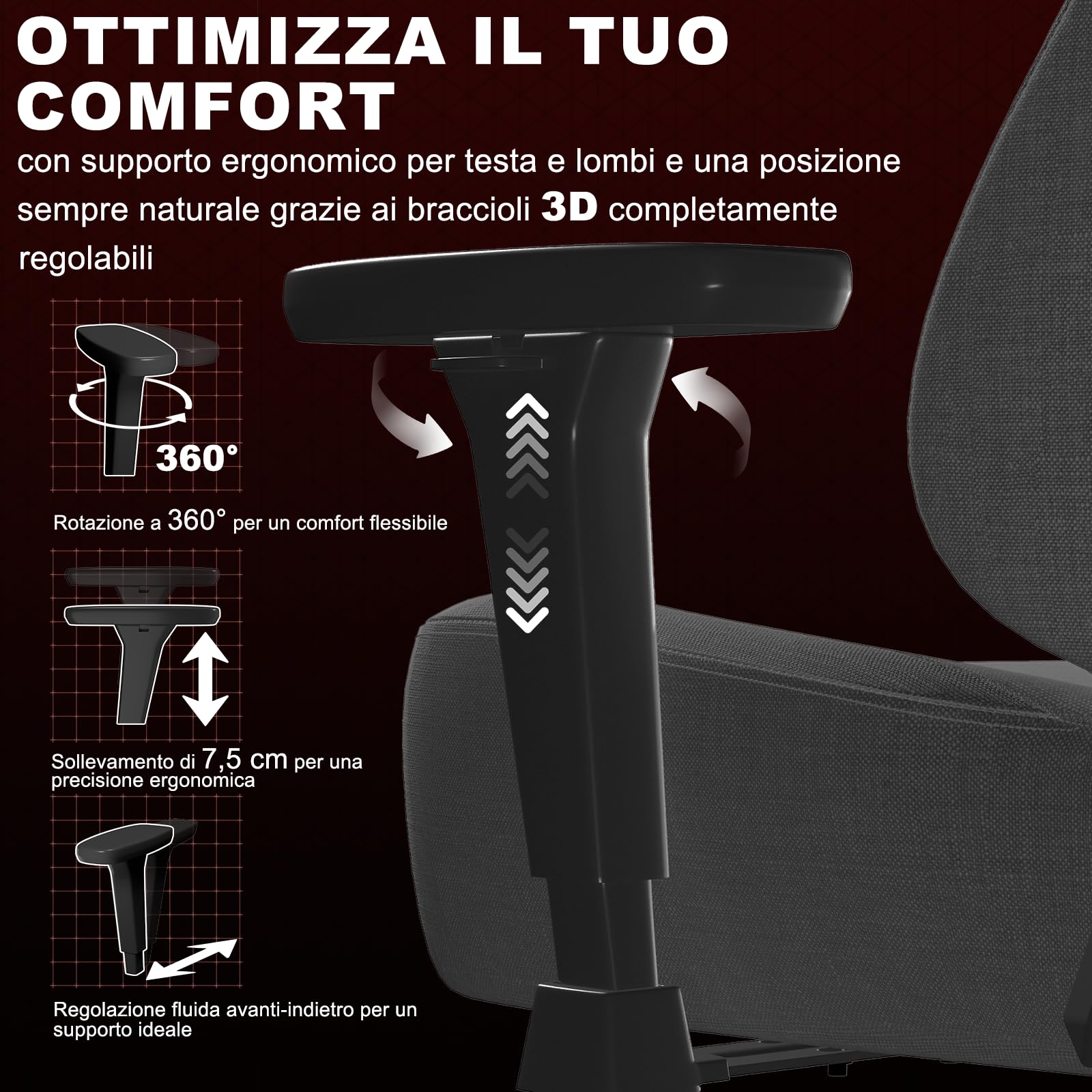 Devoko Sedia Gaming Ergonomica in Tessuto Traspirante, Schienale 90–135°, Braccioli 3D Regolabili, Supporto Lombare e Poggiatesta, Sedia Ufficio Gaming per Adulti, Grigio Scuro