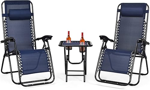 Goplus Juego de sillas de gravedad cero, 3 piezas de sillas reclinables al aire libre con mesa auxiliar, reposacabezas y portavasos para colgar