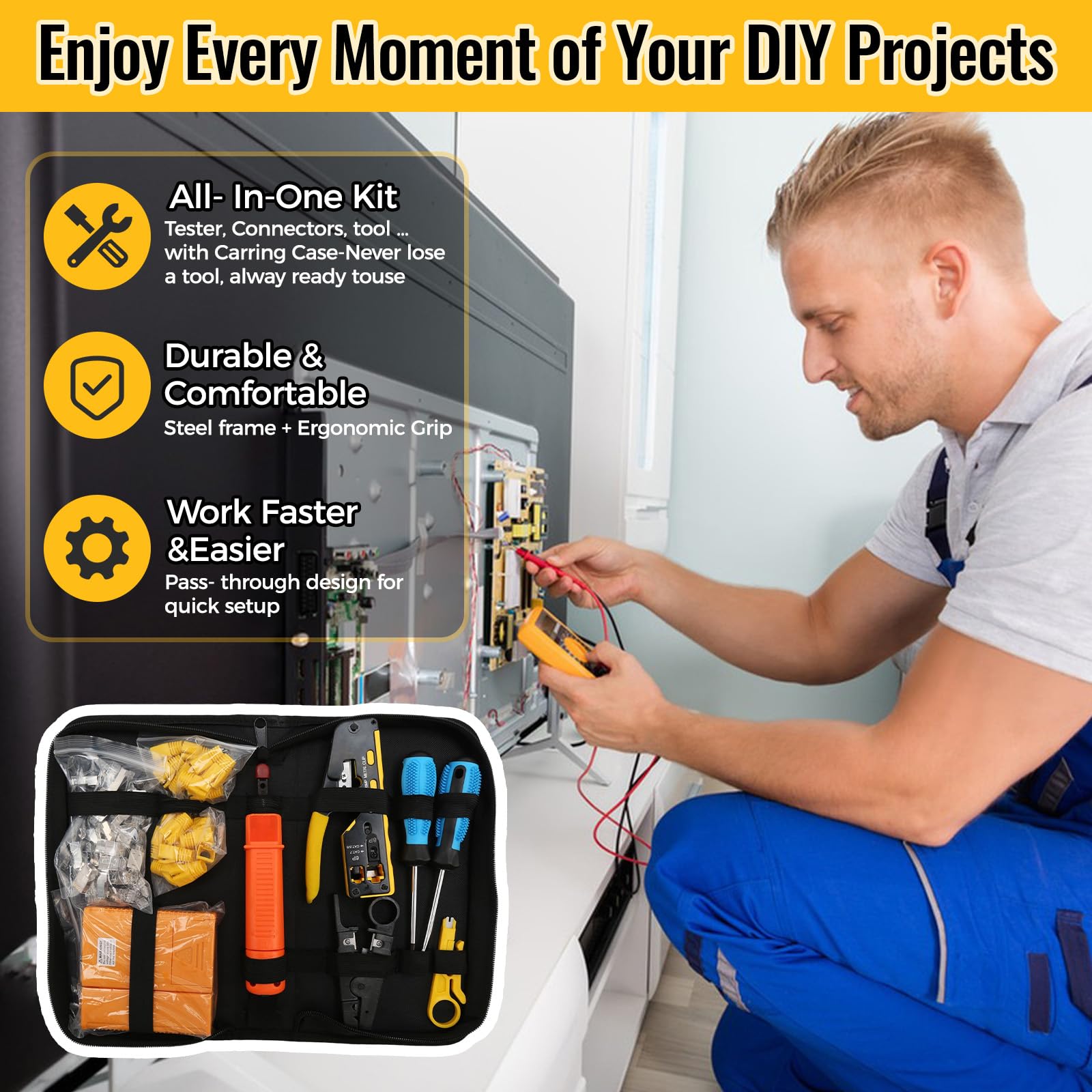 Kit di attrezzi di rete, pinza crimpatrice RJ45 con tester di rete, pinza spellafili, strumento punch down, cacciaviti, kit di riparazione di rete professionale RJ45 con custodia per il trasporto