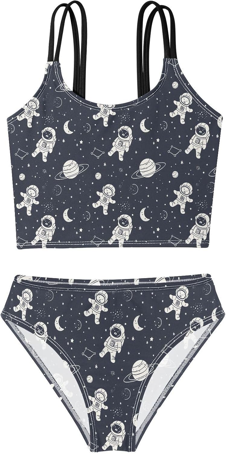 Girls Two Piece Swimsuits Bear Astronaut Planet Bikini Set Swimwear Kids Bathing Suit for Girls 5-12 Years