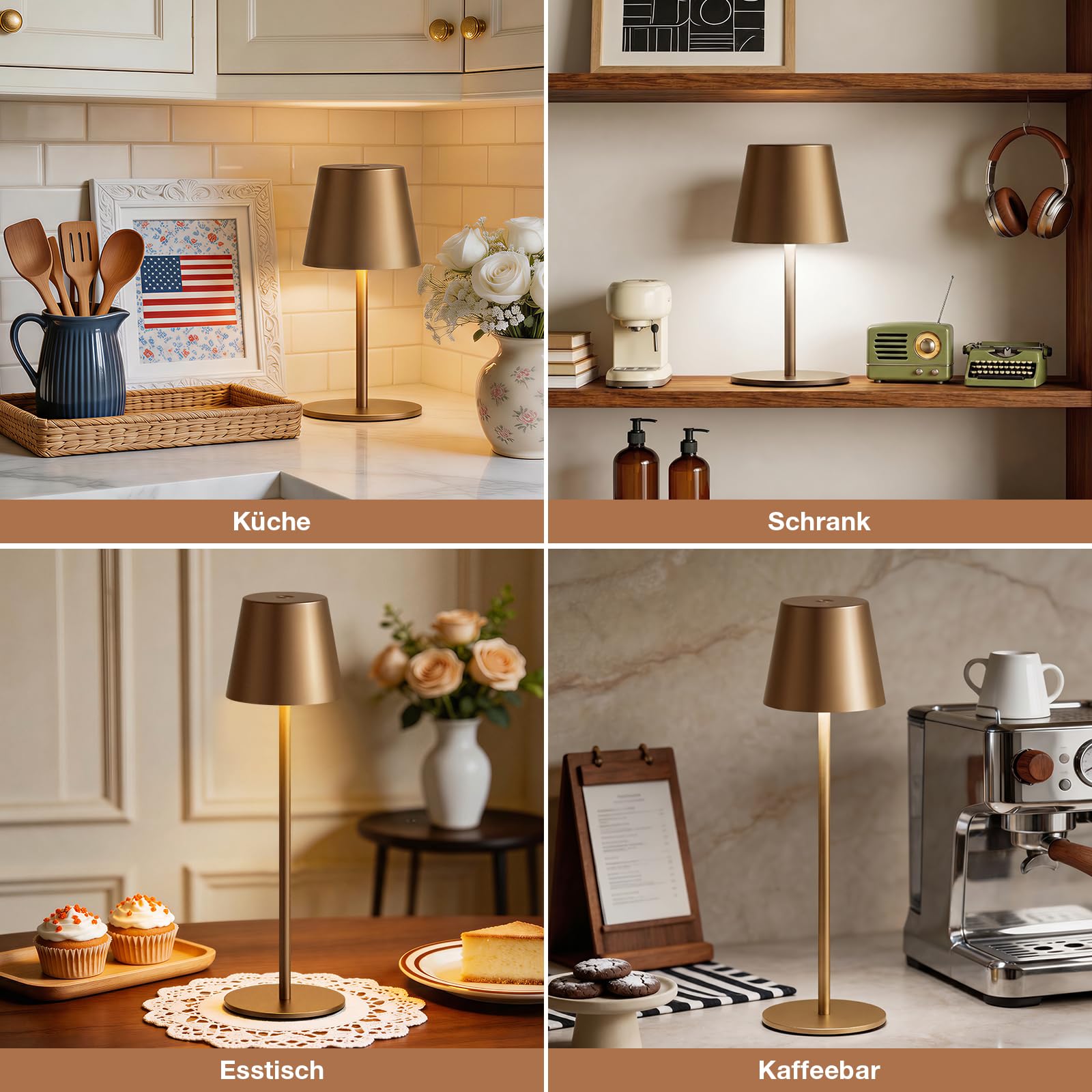 2 lampade da tavolo senza fili, a LED, dimmerabili, touch con 3 temperature di colore, per esterni, USB-C, ricaricabile, per comodino, tavolo da pranzo, campeggio (marrone)