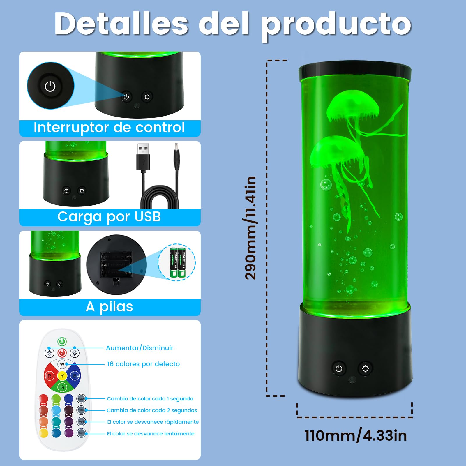 Klarlight Lampe à méduses, lampe à méduses de 29 cm avec 16 couleurs changeantes et 4 modes pour enfants et adultes, télécommande USB/lampe à lave à méduses alimentée par piles