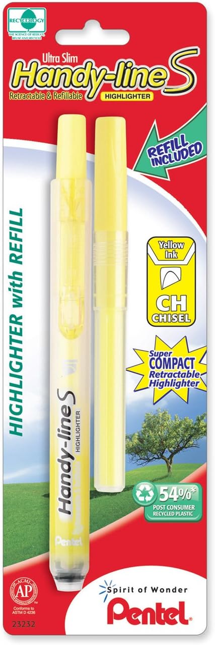 Pentel Handy-line S Retractable Highlighter - Chisel Tip, Yellow Ink, 2-Pack, No Cap, Refillable Design