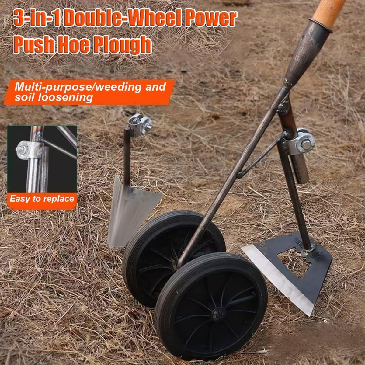 3-in-1 Double-Wheel Power Push Hoe Plough, Weeding and loosening Cleaning Tools, Multifunctional Two-Wheel Power Push Hoe Plough for Digging Weeding, Planting and Gardening Tools