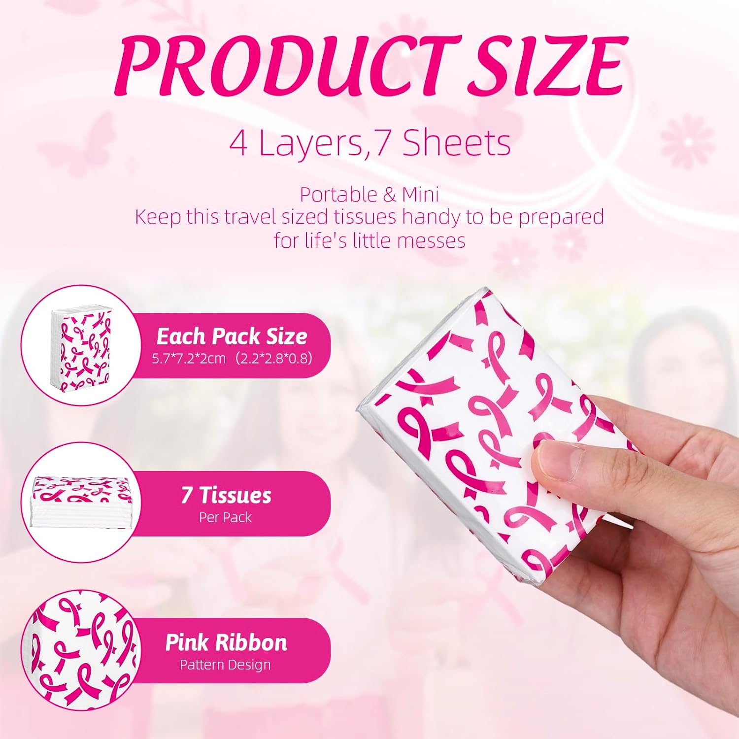 Whaline 50 Breast Cancer Awareness Pocket Tissue Packs Pink Ribbon Facial Tissue Portable Mini Travel Size Tissues 4Ply for Cancer Survivor Gift, Women