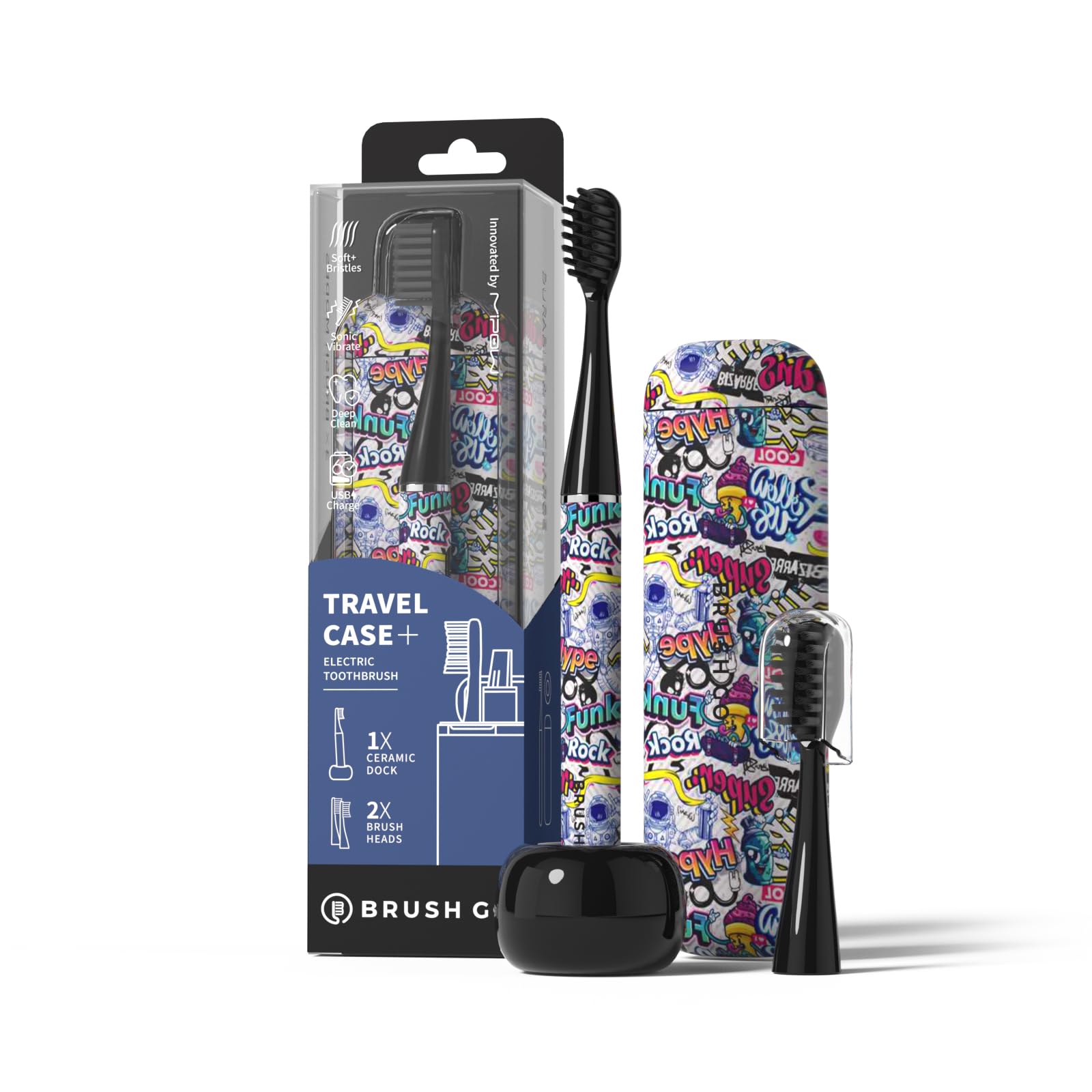 MIPOW Brush GO SlimPro i4 Electric Toothbrush Rechargeable Smart Ultra Sonic 3 Modes, Travel Case & Ceramic Dock, 60Day Battery Soft Bristles 2 Heads IPX7 Waterproof, Color-Graffiti Edition-image-7