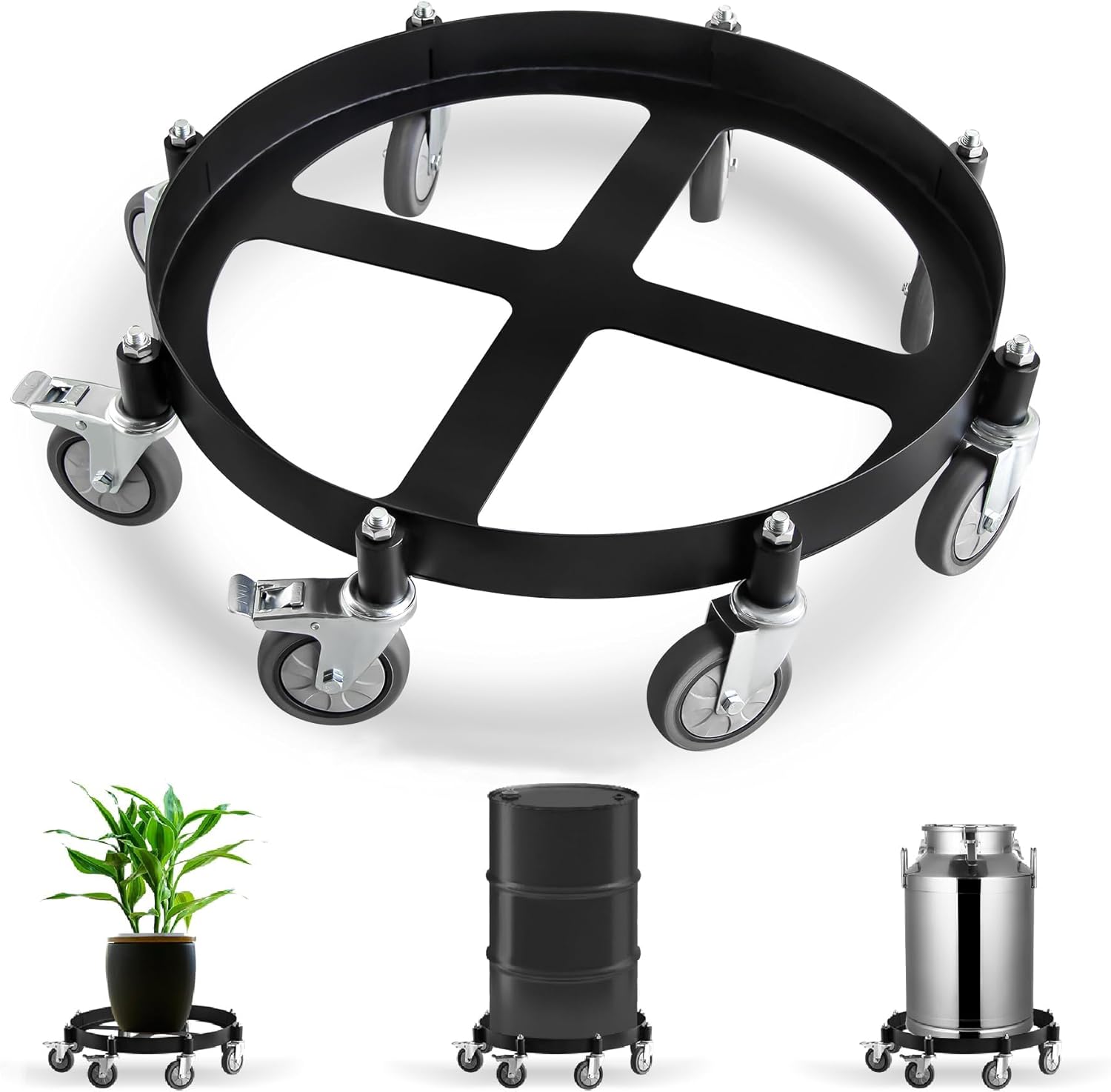 Heavy Duty Steel Drum Dolly, 55 Gallon Steel Frame with 8 Swivel Caster Wheels, 2000 Lbs Capacity Hand Truck Dollies for Workshops and Warehouses