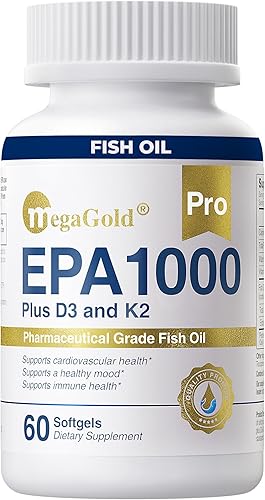 Aceite de pescado Omega 3 Suplementos de ácidos grasos EPA 1000 mg, vitaminas D3 y K2 - Apoyando la salud cardiovascular, 1100 mg de aceite de