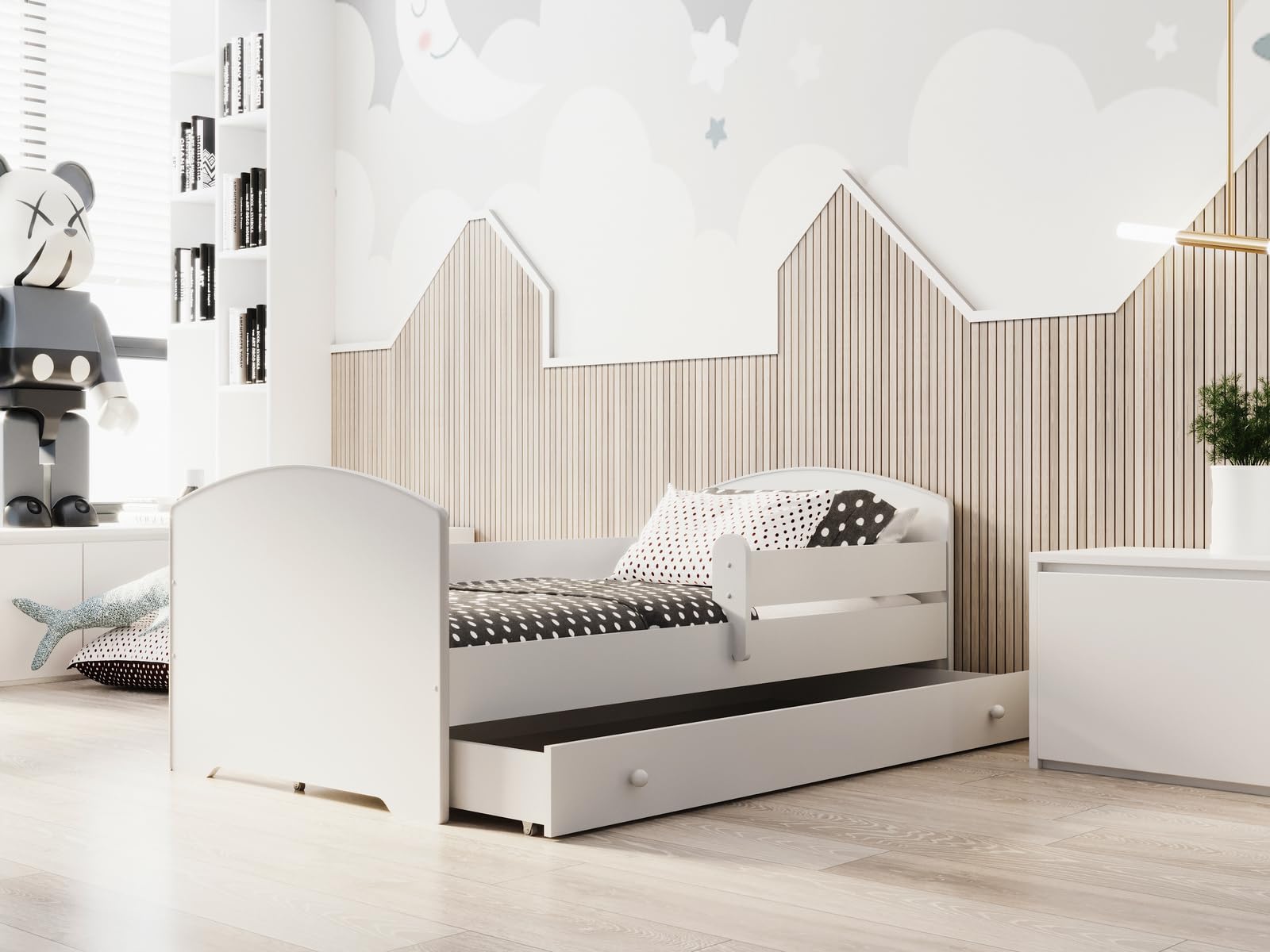 KOBI Cama Niño LUK Blanco 180x80 | Una cama para una habitación infantil y adolescente | Cajón, barrera de seguridad y colchón Incluido |