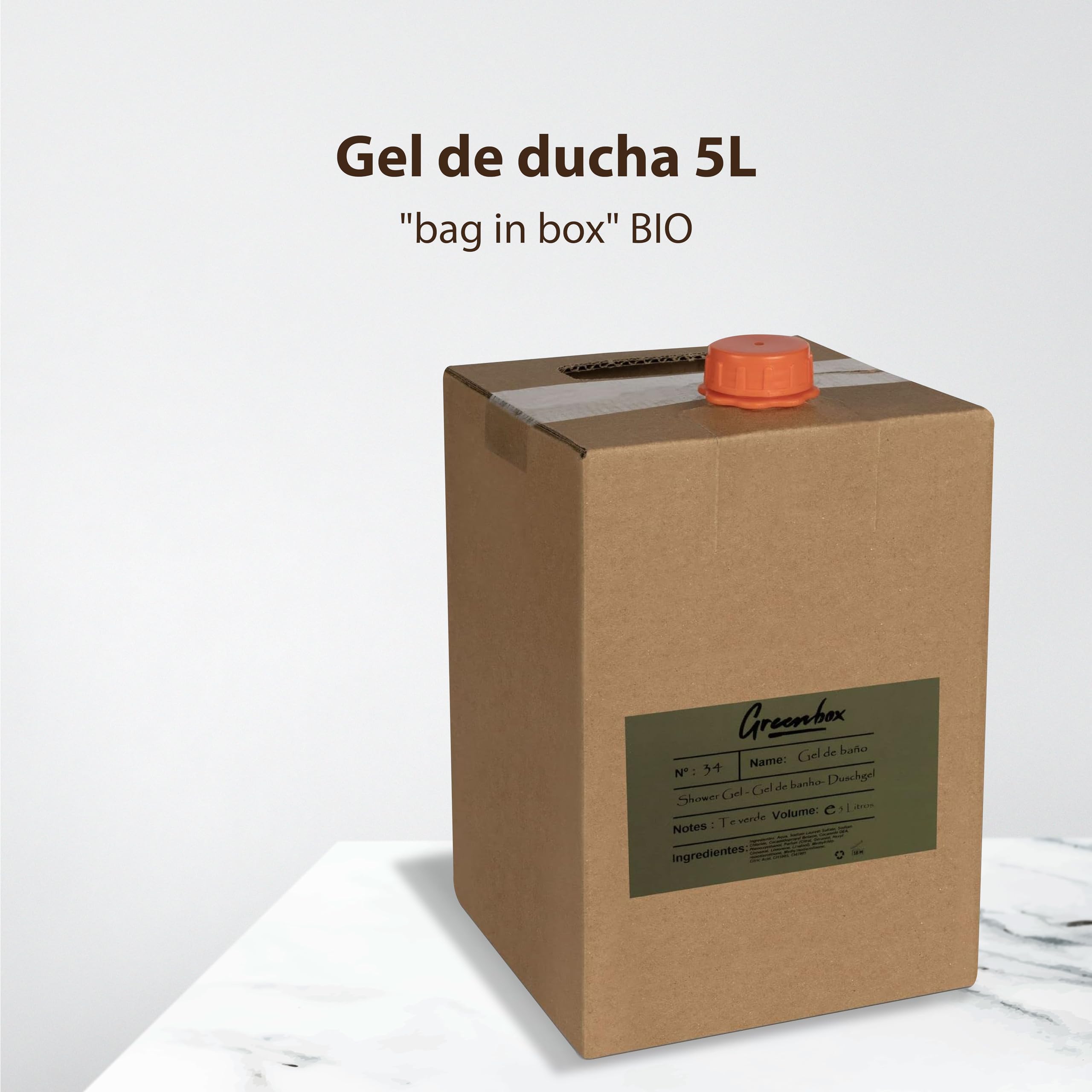 Ricarica gel doccia in "bag in box" BIO - gel doccia idratante all'aroma di tè verde, 5L. Imballaggio ecologico e maniglia per il trasporto. Risparmia denaro e aiuta l'ambiente.