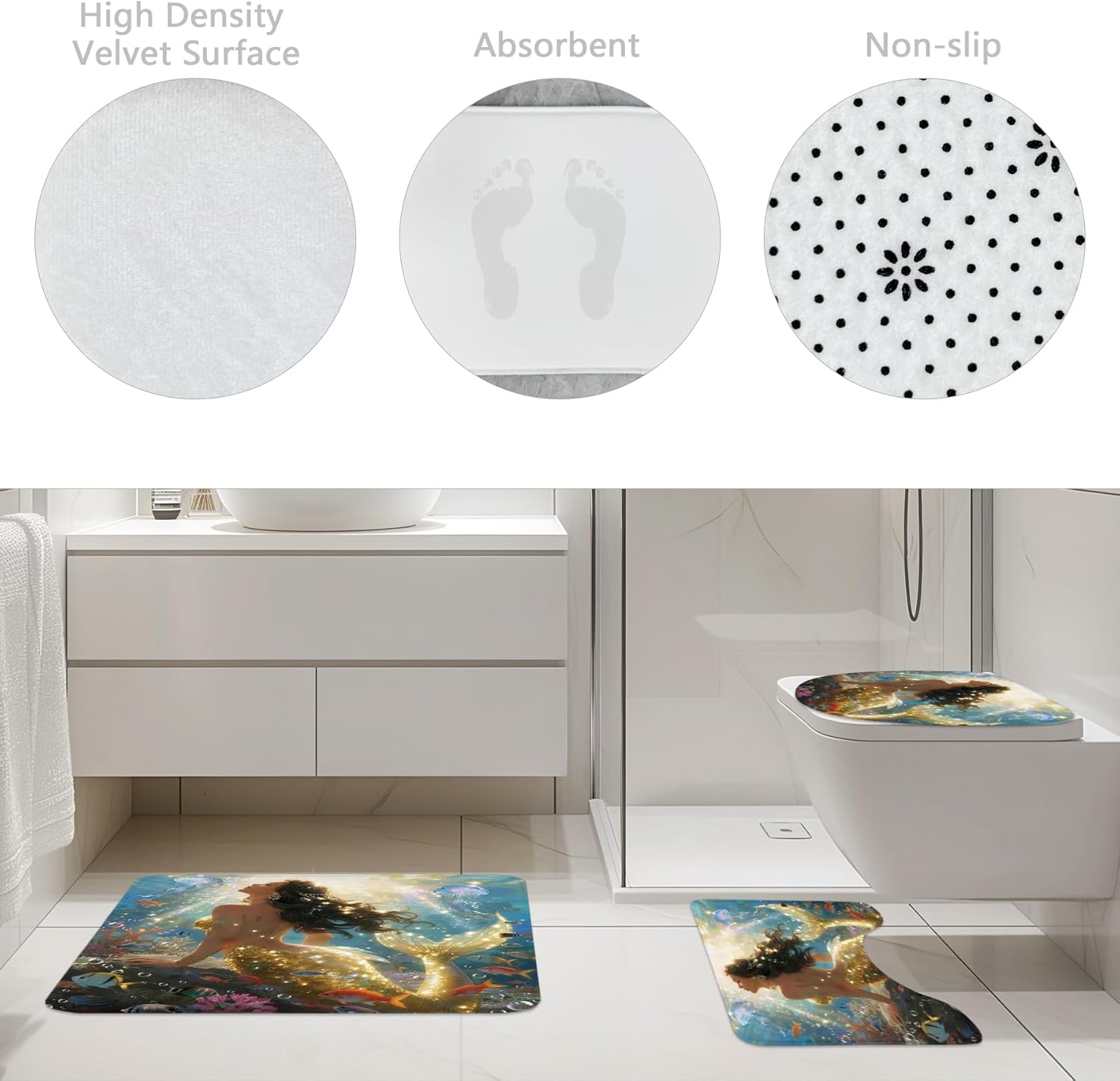 Riyidecor Mermaid 4Pcs Bathroom Shower Curtain Sets Beautiful Girls Kids Ocean Bathroom Decor Set with Rugs and Accessories Sunshine Jellyfish Toilet Lid Rug, Contour and Bath Mat with 12 Hooks