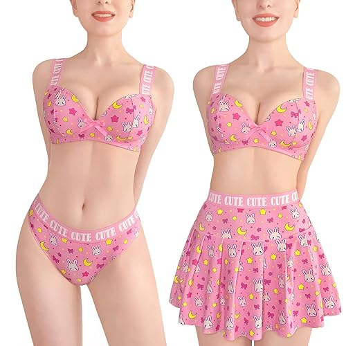 LittleForBig Women High Waisted Elastic Mini Skirt Bralette Panty 3 Pieces Set Plus Size Friendly - Usagi Sporty Bralette Skirt Set - L - Pink
