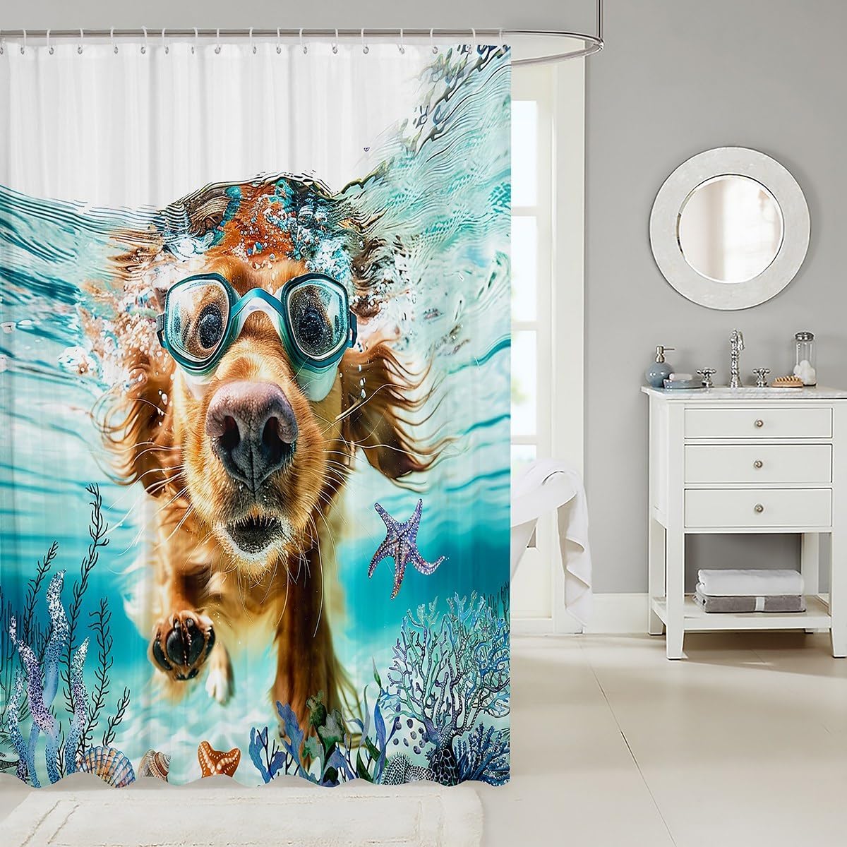 Feelyou Ocean Shower Curtain Ocean Dog Bathroom Shower Curtain Set Kids Toddler Boys Girls Sea Bath Curtain Beach Coastal Kids Bathroom Accessories 72"x84"