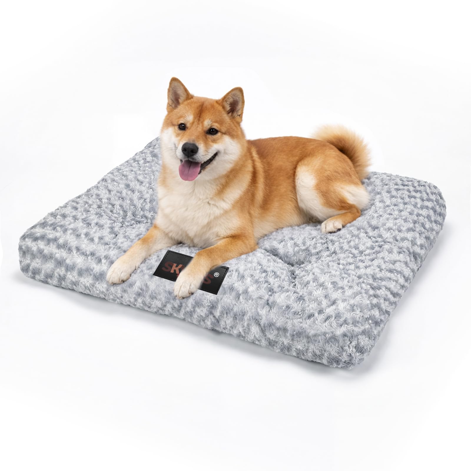 Skylos Dog Bed Medium, 7cm Thick Fluffy Plush Orthopedic Dog Bed for Joint Support, Washable Dog Bed with Non-Slip Bottom, Grey, 75x52x7cm