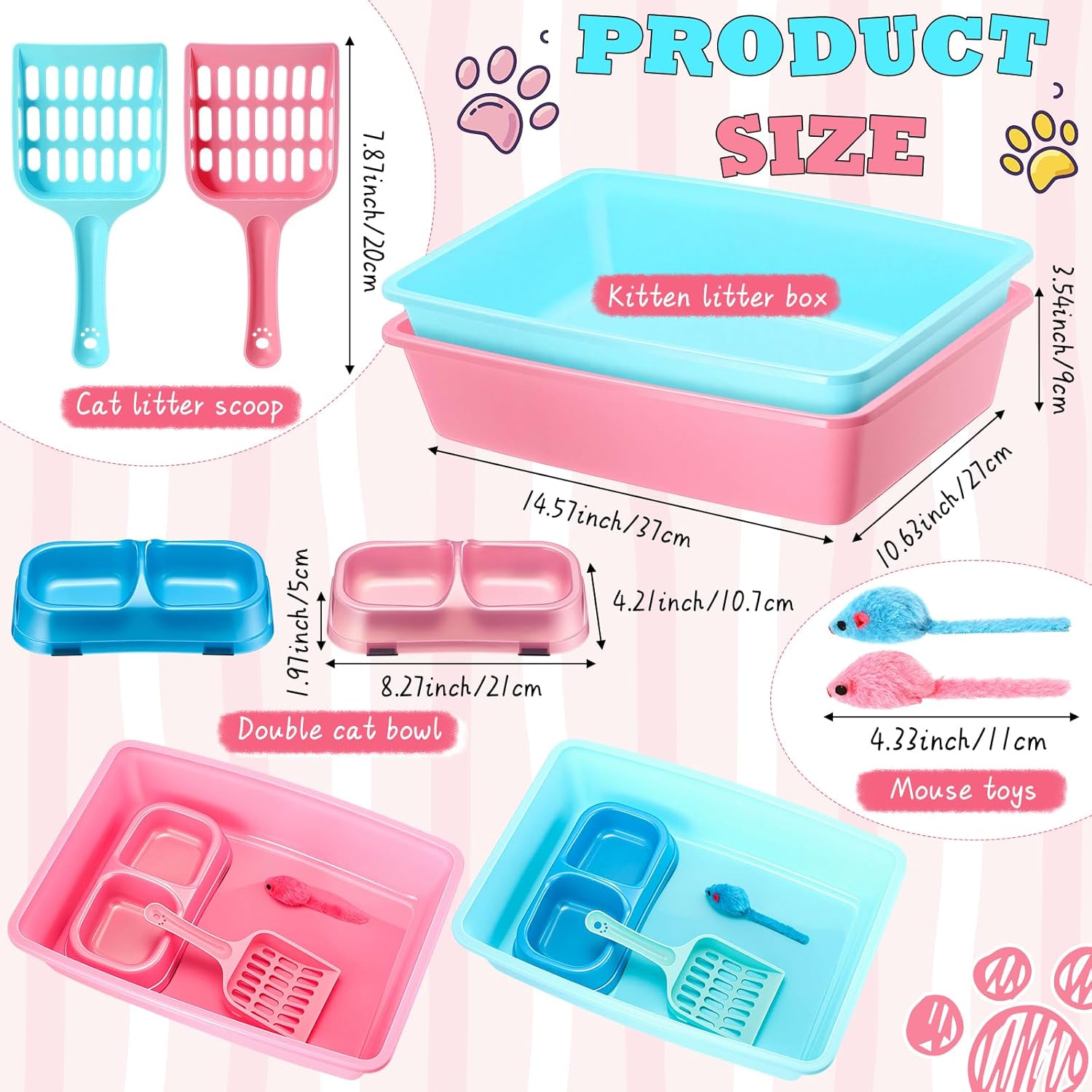 Beeveer 2 Set Kitten Litter Box, 2 Pcs Plastic Small Cat Litter Box Training Low Entry with 2 Scooper, 2 Cat Bowls and 2 Mouse Toy for Small Kitty Starter Kit, 14.5 x 10.6 Inch, Blue and Pink