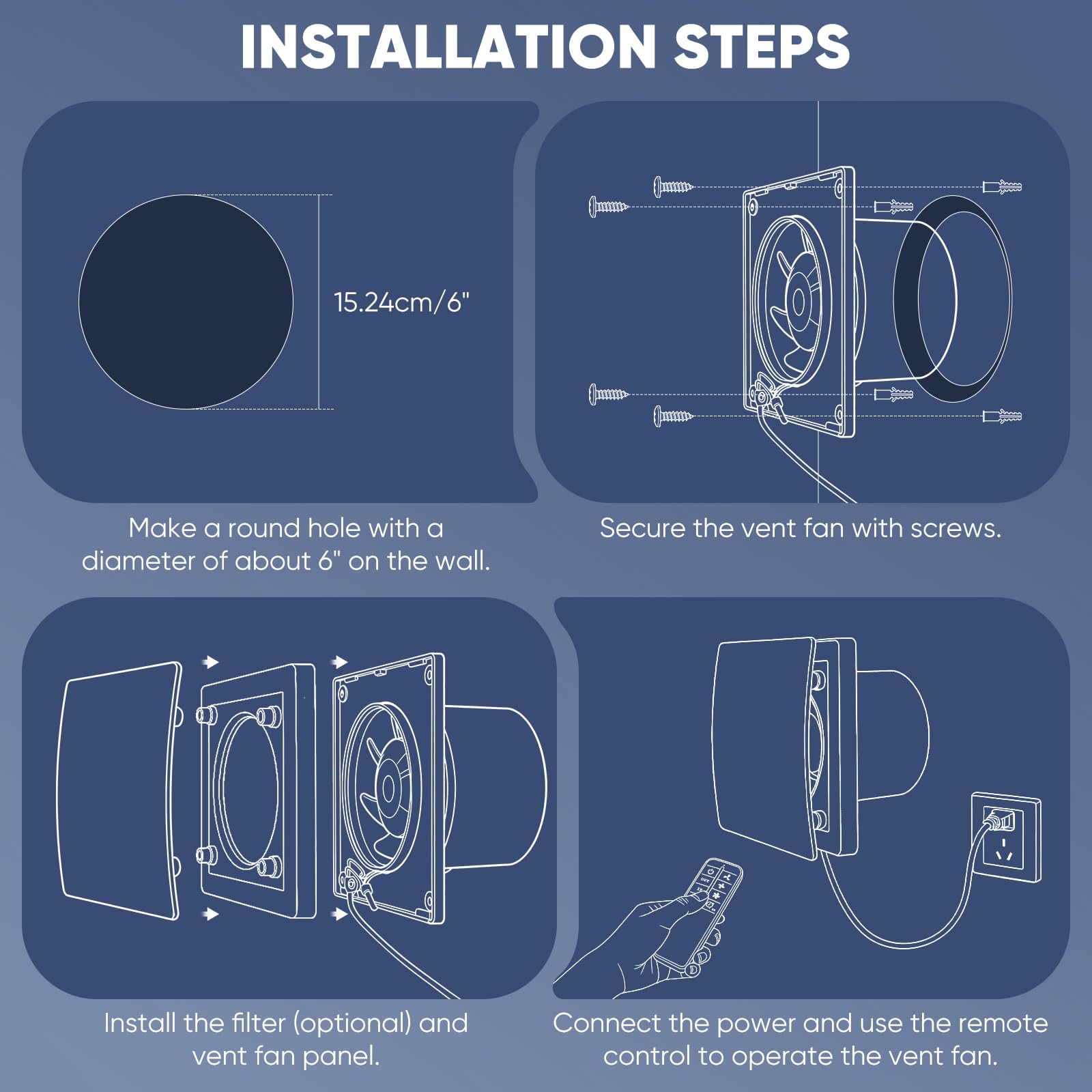 Ventilatore da bagno silenzioso da 100 mm con telecomando, timer e 3 impostazioni di velocità, flusso d'aria di 150 m³/h, quadrato bianco, montaggio a parete/finestra, IPX4, cucina, bagno doccia 35 dB