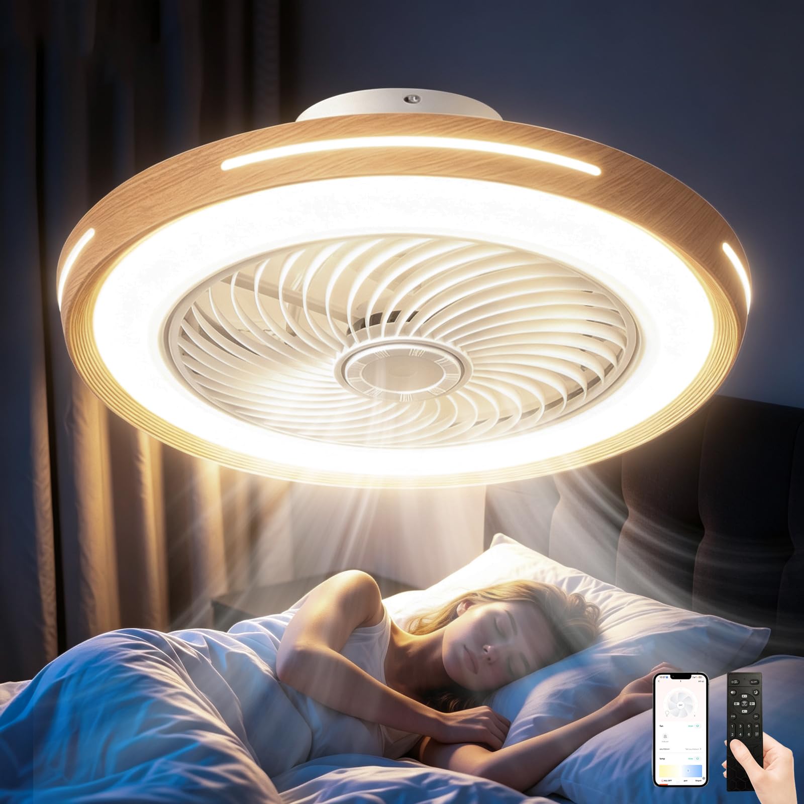 Ventilatore da Soffitto con Luce e Telecomando Finto legno 50cm-A | Silenzioso LED Dimmerabile Plafoniera con Ventilatore DC Reversibile Lampadario con Ventola per Camera da Letto Soggiorno
