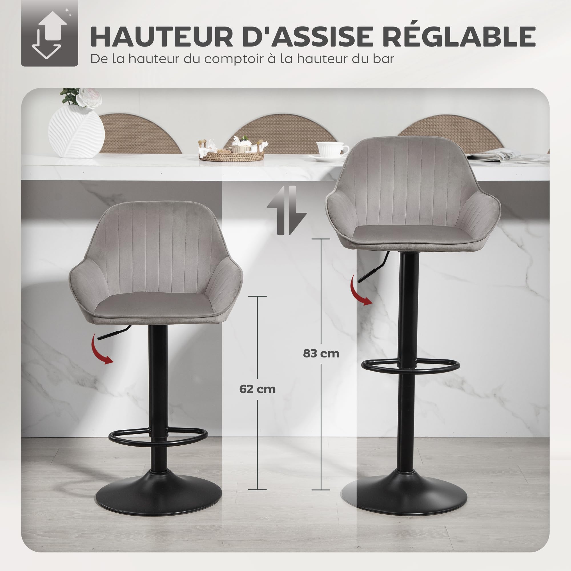 HOMCOM Lot de 2 Tabourets de Bar en Velours Dossier Repose-Pieds Gris