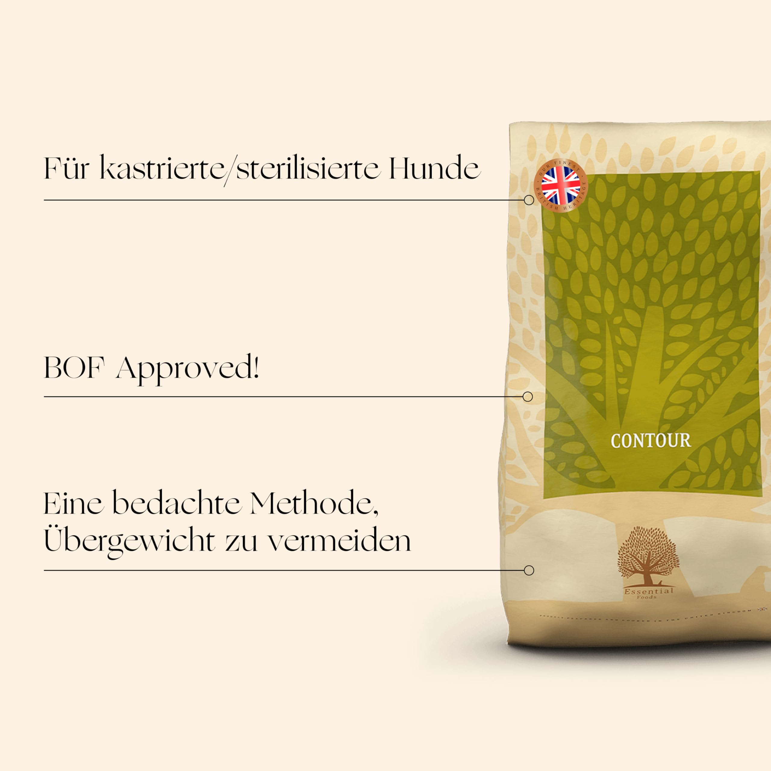Essential Contour 10 kg | Huhn, Ente, Lachs & Forelle | Getreidefrei Hundefutter für große kastrierte oder zu Übergewicht neigende Hunde | hoher Fleischanteil | nach dem BOF-Prinzip