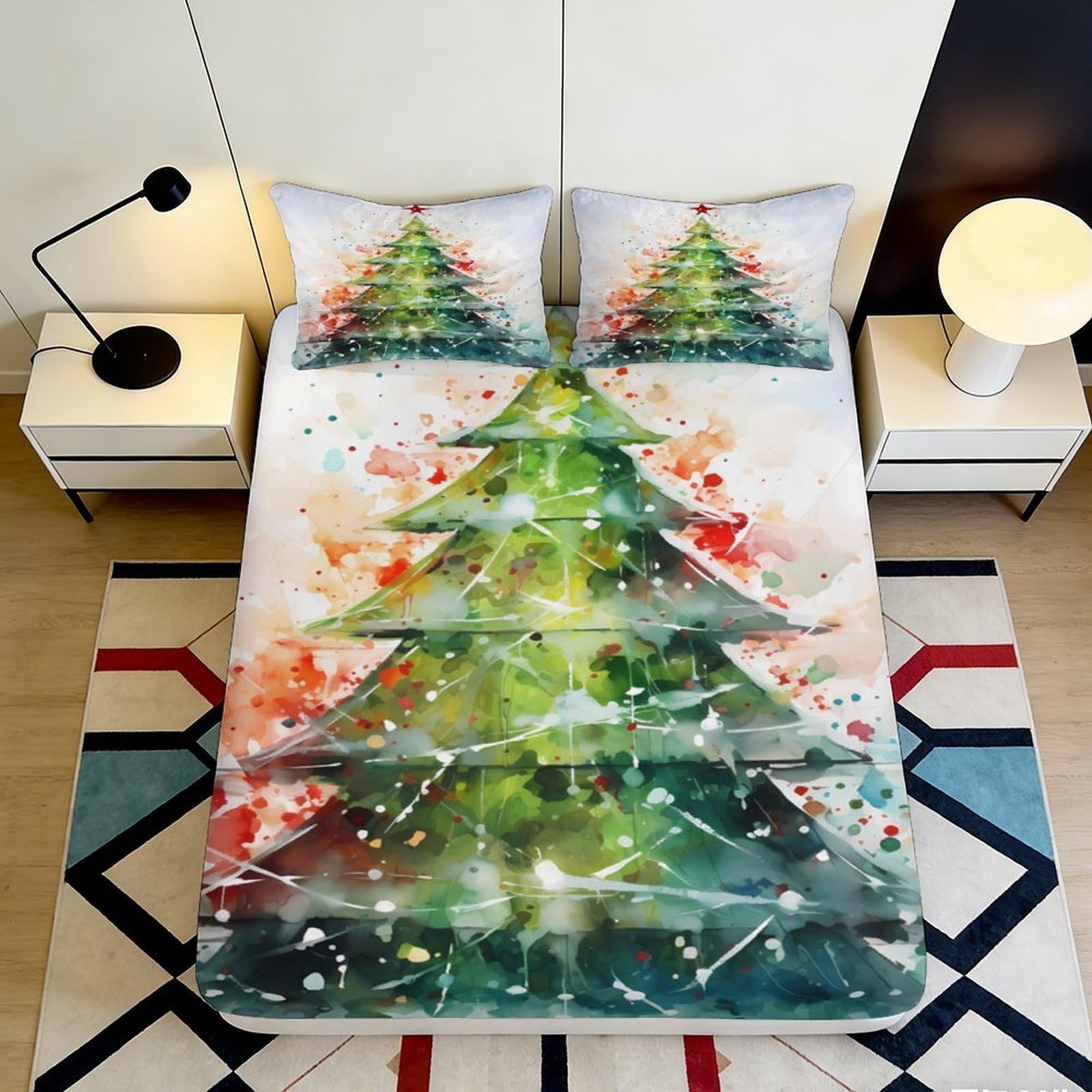 3D Printed Christmas Tree Fitted Sheet Microfiber Deep Pocket Elastic Hem Christmas Tree Mattress Fitted Cover for Adult Bedroom Washable 200x200x25cm 90x200x25cm