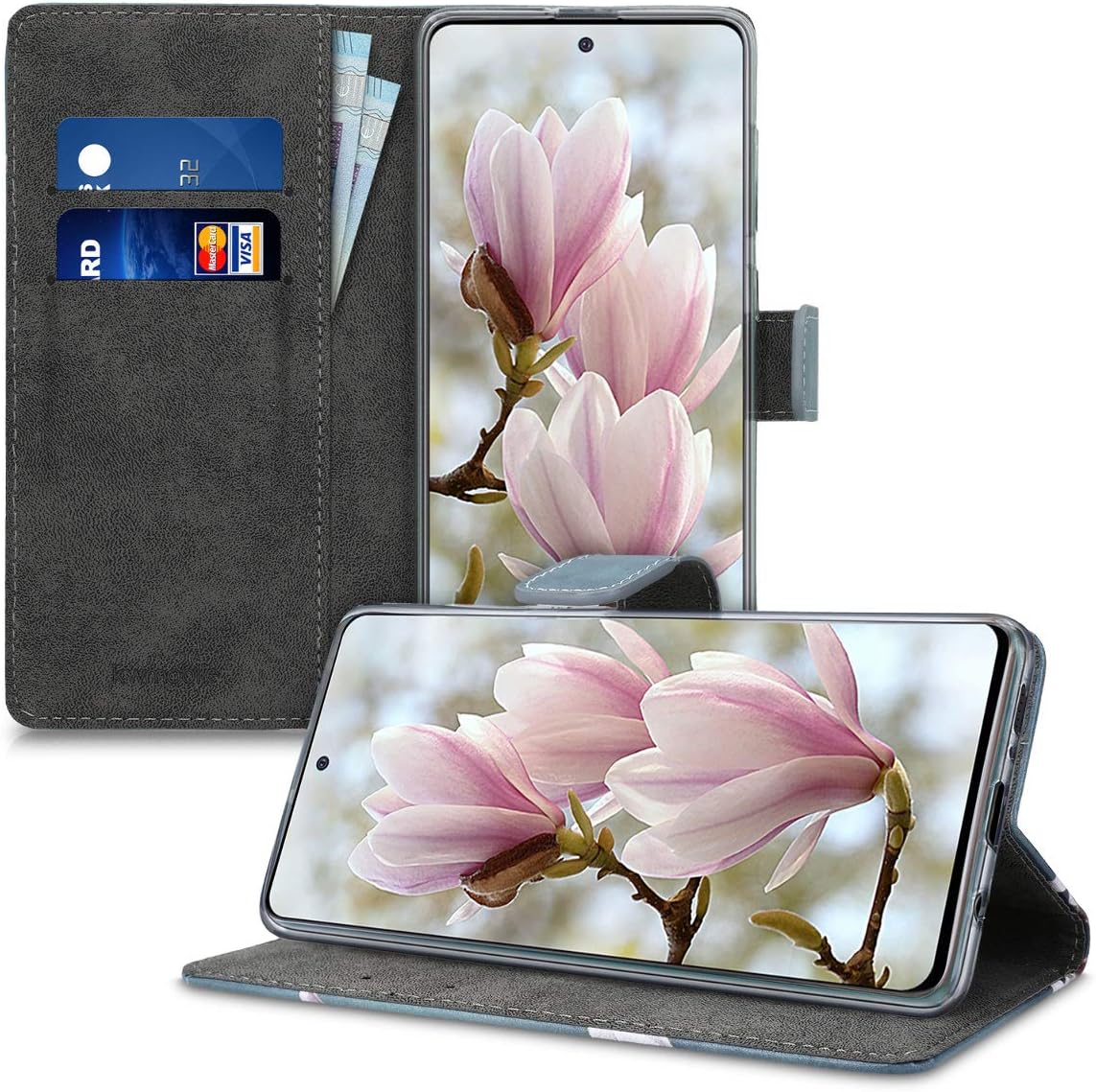 kwmobile Wallet Case Compatible with Samsung Galaxy A51 Case for Phone - Magnolias Taupe/White/Blue Grey