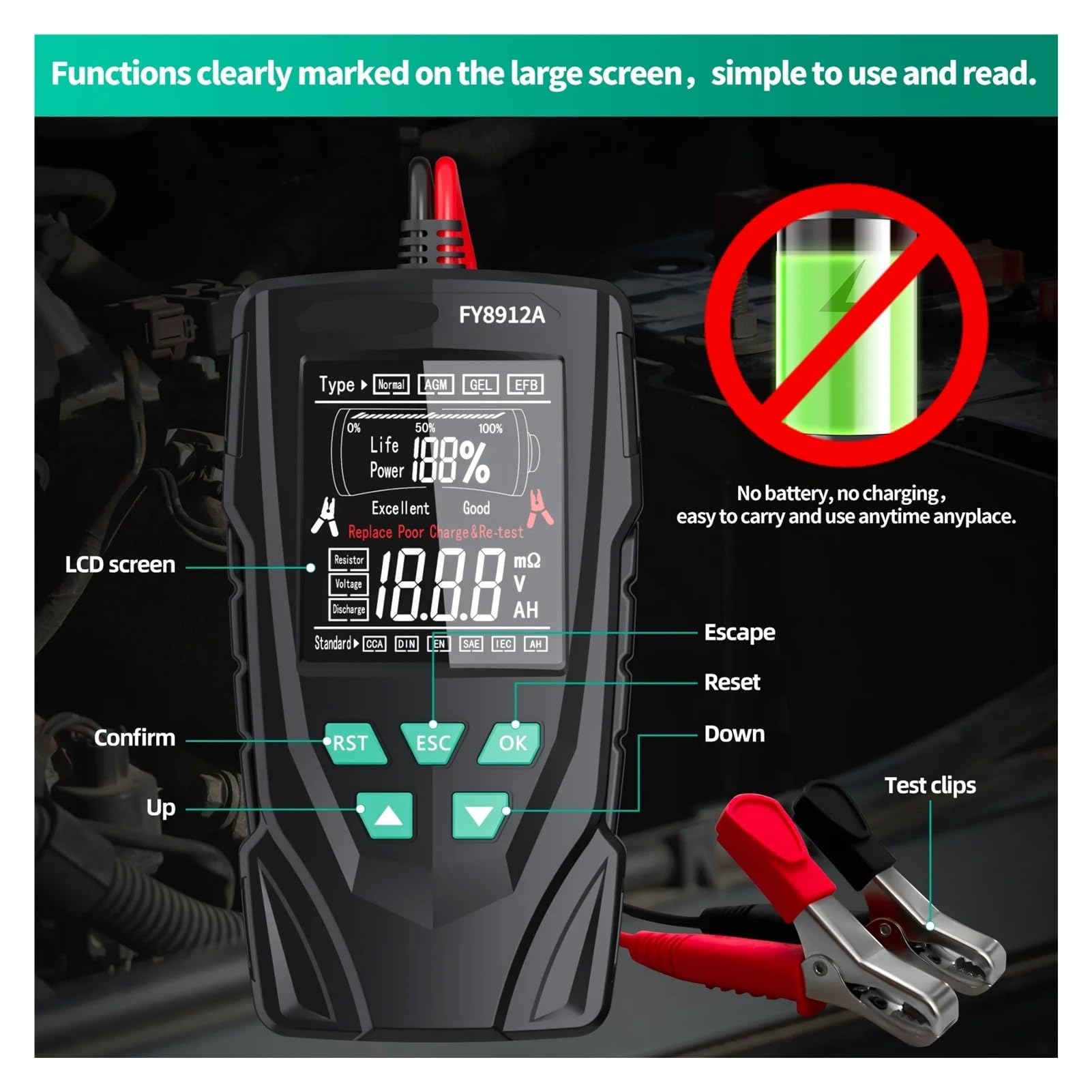Comprobador de baterias Probador de batería de Coche de 12 V y 24 V, máquina de monitoreo de batería de Coche, Motocicleta, camión, herientas de Prueba de Capacidad de batería