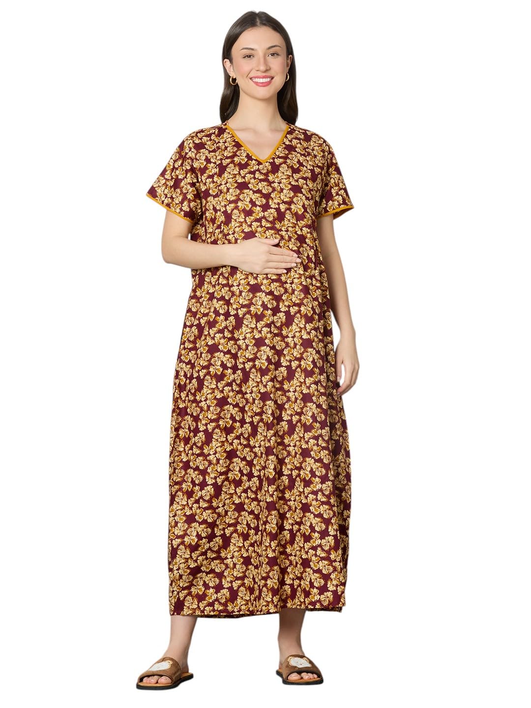 MomToBe Women's Cotton Printed Feeding Maternity Nighty | Nursing Gown with zips on Both Sides (Dark Raspberry, Free Siz