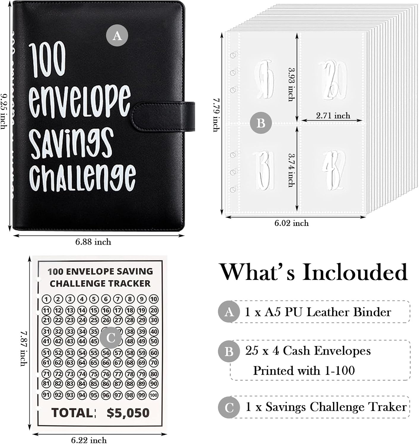 100 Envelopes Money Saving Challenge, New Budget Book with Cash Envelopes, Easy and Funny Way to Save $5,050 Budget Planner, 100 Day Envelope Challenge Kit Money Saving Binder Black image 2