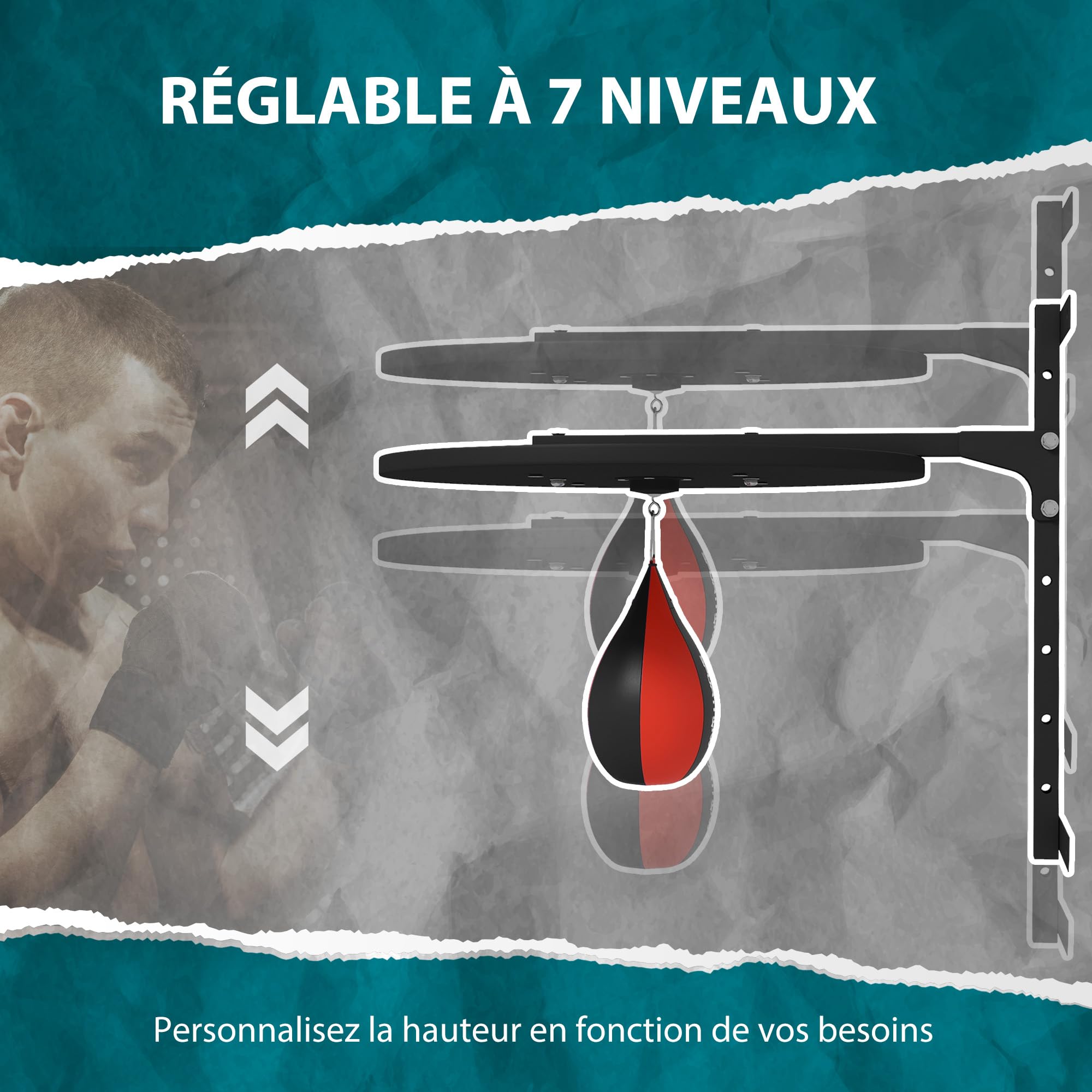 SPORTNOW Plateforme Murale avec Poire de Vitesse, Sac de Frappe, pour entraînement de Boxe, pivotant à 360° Hauteur Ajustable, Noir et Rouge