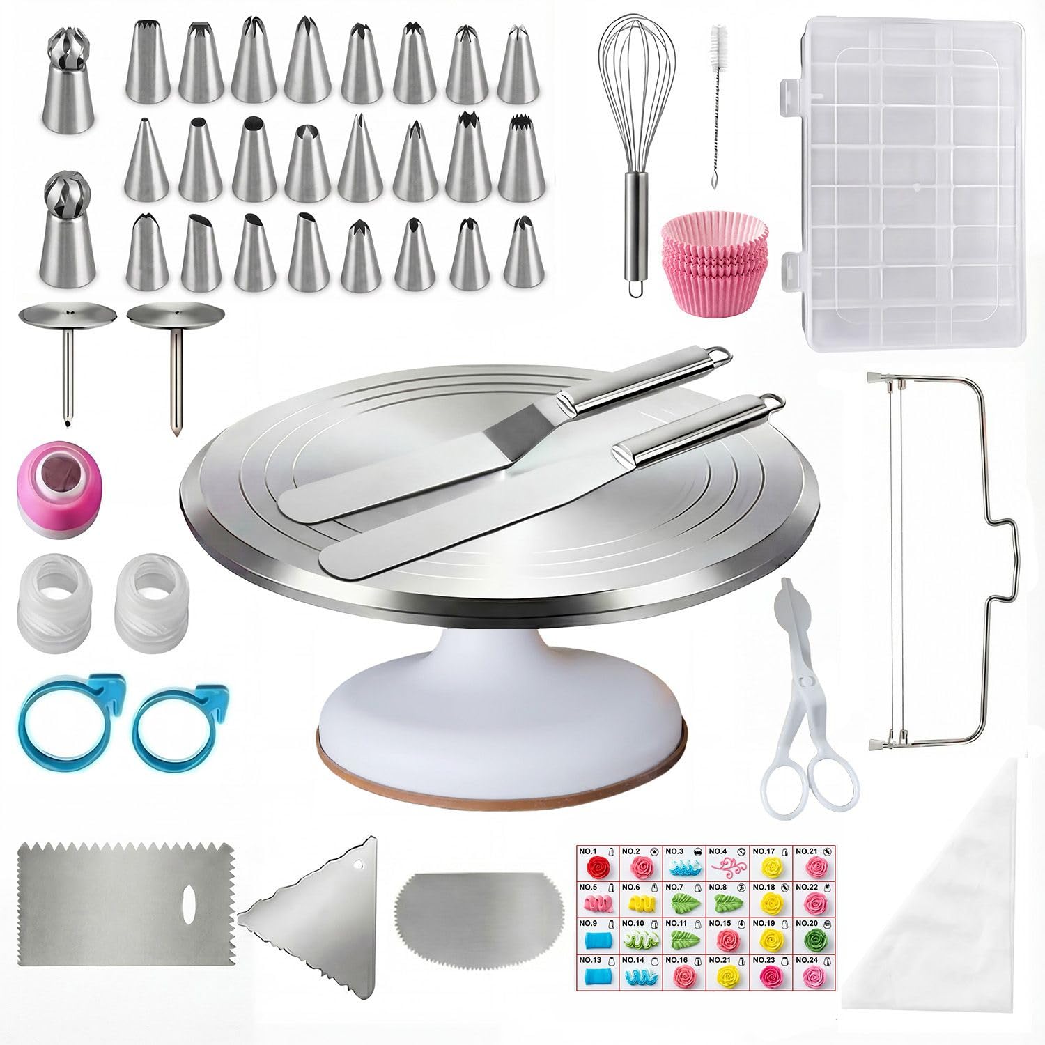 144 Pezzi Kit Pasticceria Professionale con Vassoio Rotante in Lega di Alluminio - Set Utensili da Pasticceria per Adulti, Principianti e Adolescenti
