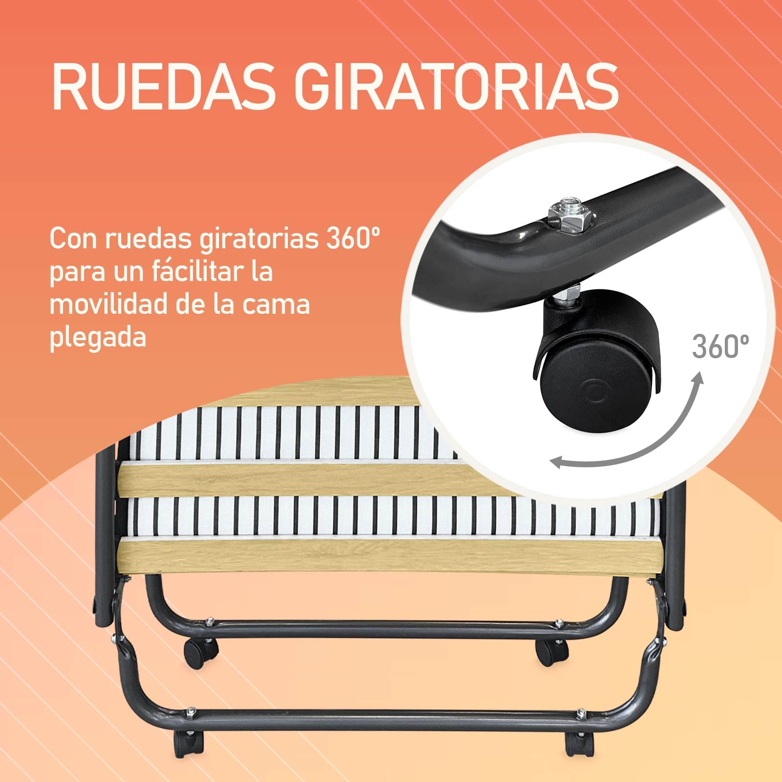 amuéblate Online - Cama Plegable 80 x 190 cm con colchón, Plegatín con Colchón de Invitados, Estructura de Metal con 4 Ruedas, Práctica y Funcional