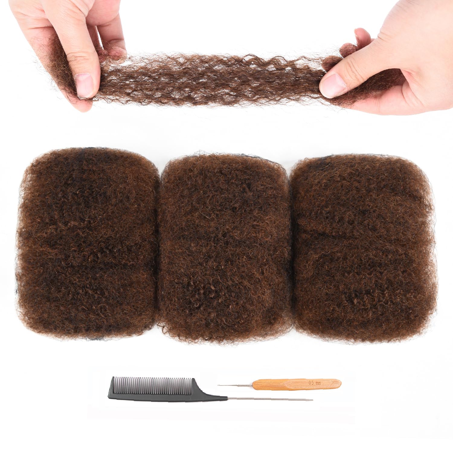 Originea Afro Kinky Curly Human Hair Bulk for Dreadlocks and Twist Braiding 100% Human Hair 3 Packs 10 Inch Soft Afro Kinky Bulk Human Hair Extensions for Braiding (#4 Medium Brown)