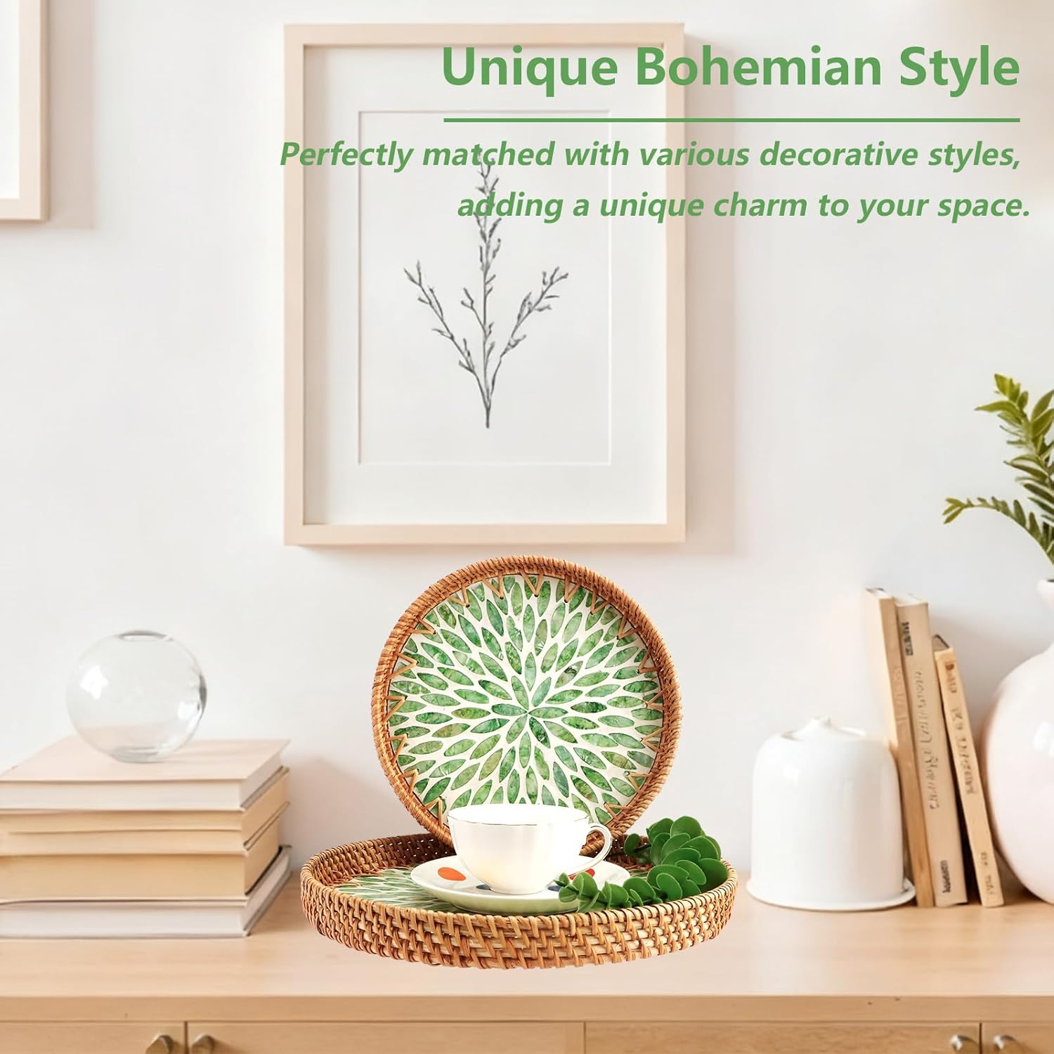 2pcs Round Rattan Tray with Mother of Pearl Inlay, Serving Trays with Wooden Base, Woven Wicker Basket for Kitchen Coffee Table Decor, Storage and Display of Bread Fruit (9.4in, 11.8in) - Image 5